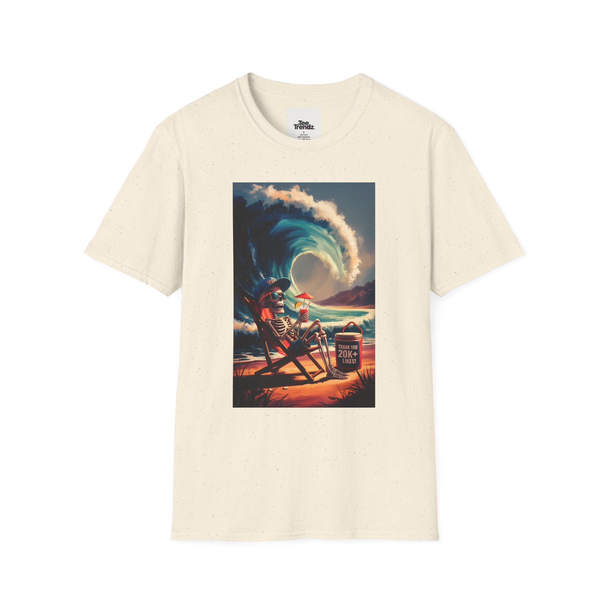 T-Shirt - Retro Beach Surf Scene with Giant Wave and Relaxing Skeleton (Vintage Coastal Vibe)
