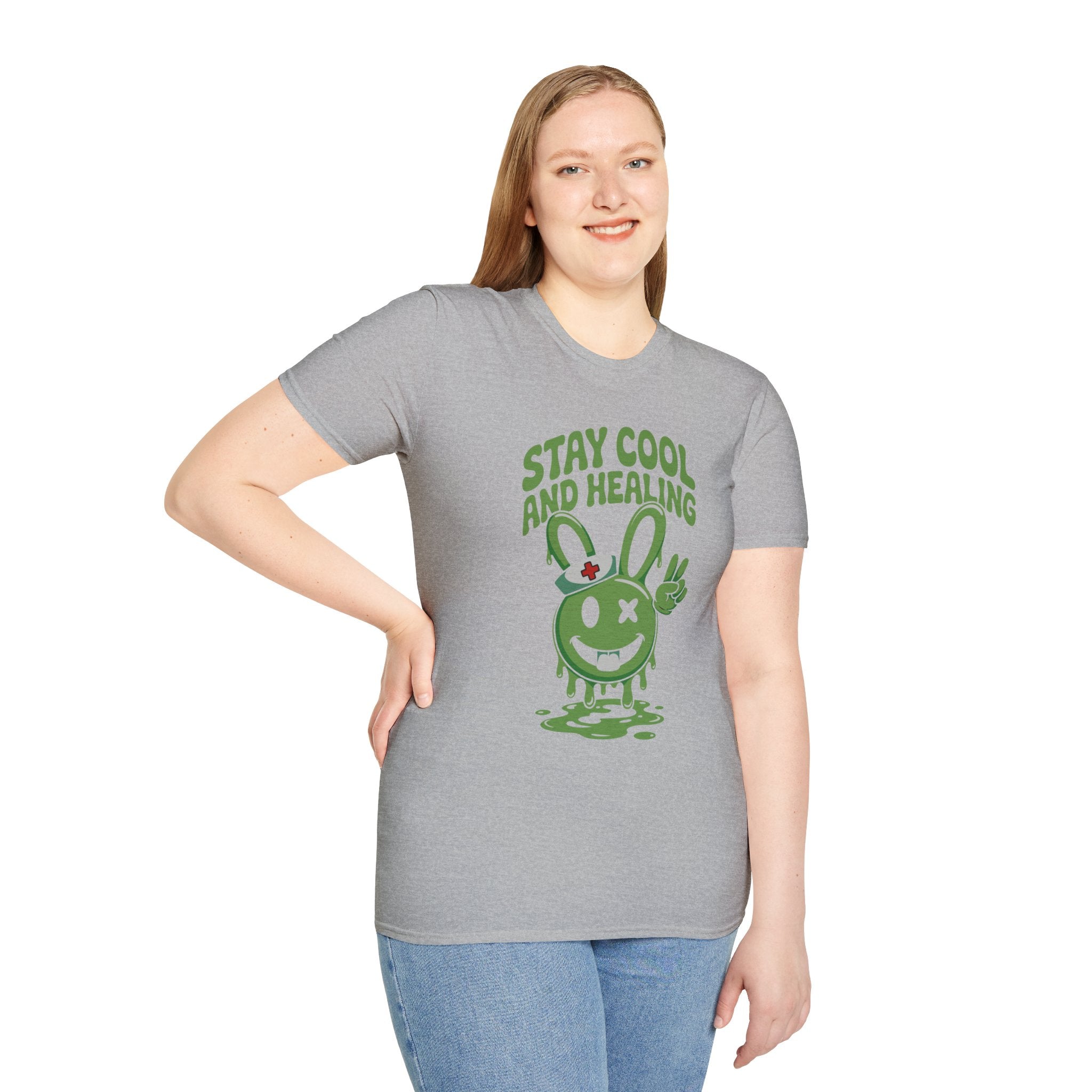 Stay Cool and Healing Graphic T-Shirt — Cute Green Bunny Peace Tee