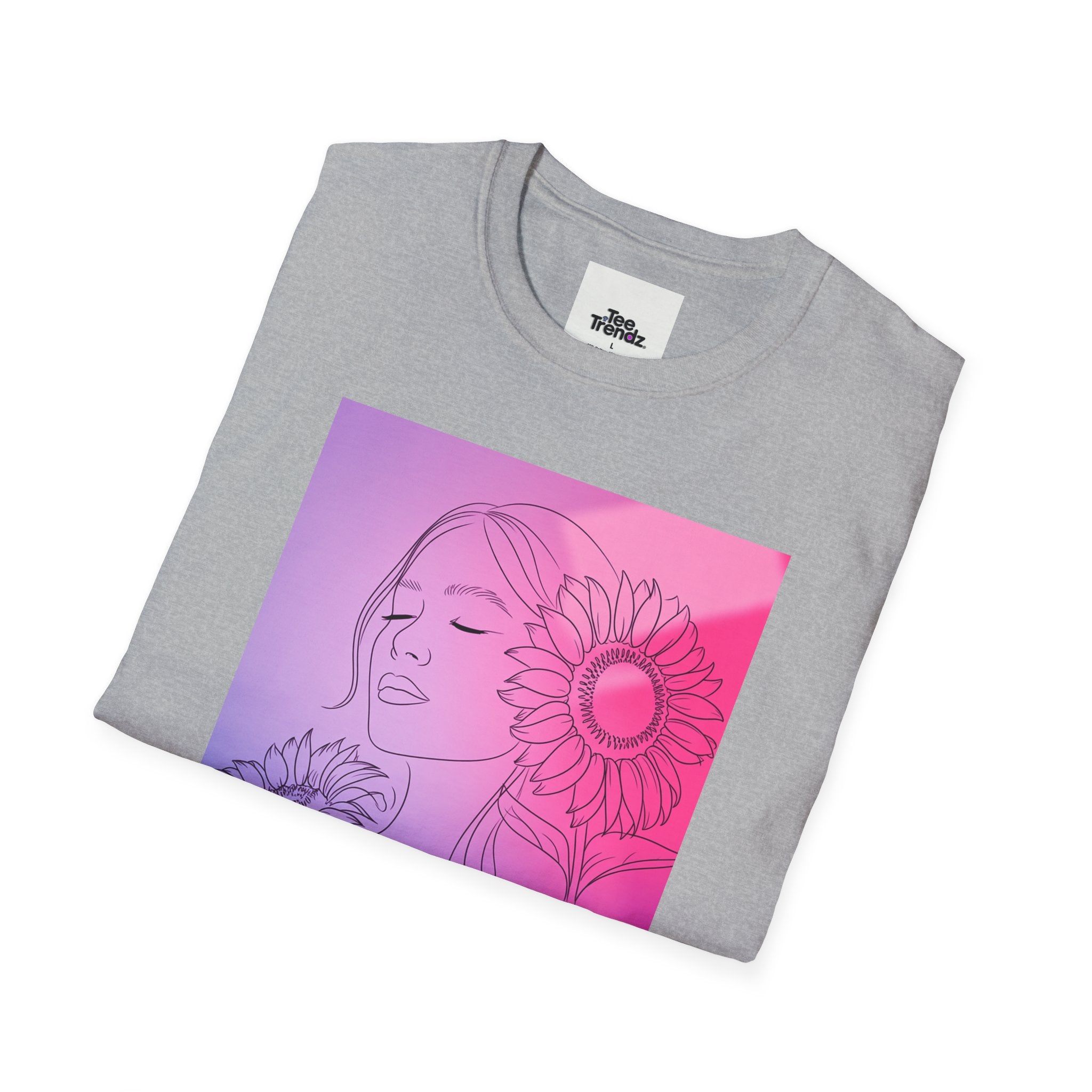 Floral Muse Tee — Pink to Blue Gradient Sunflower Portrait T-Shirt