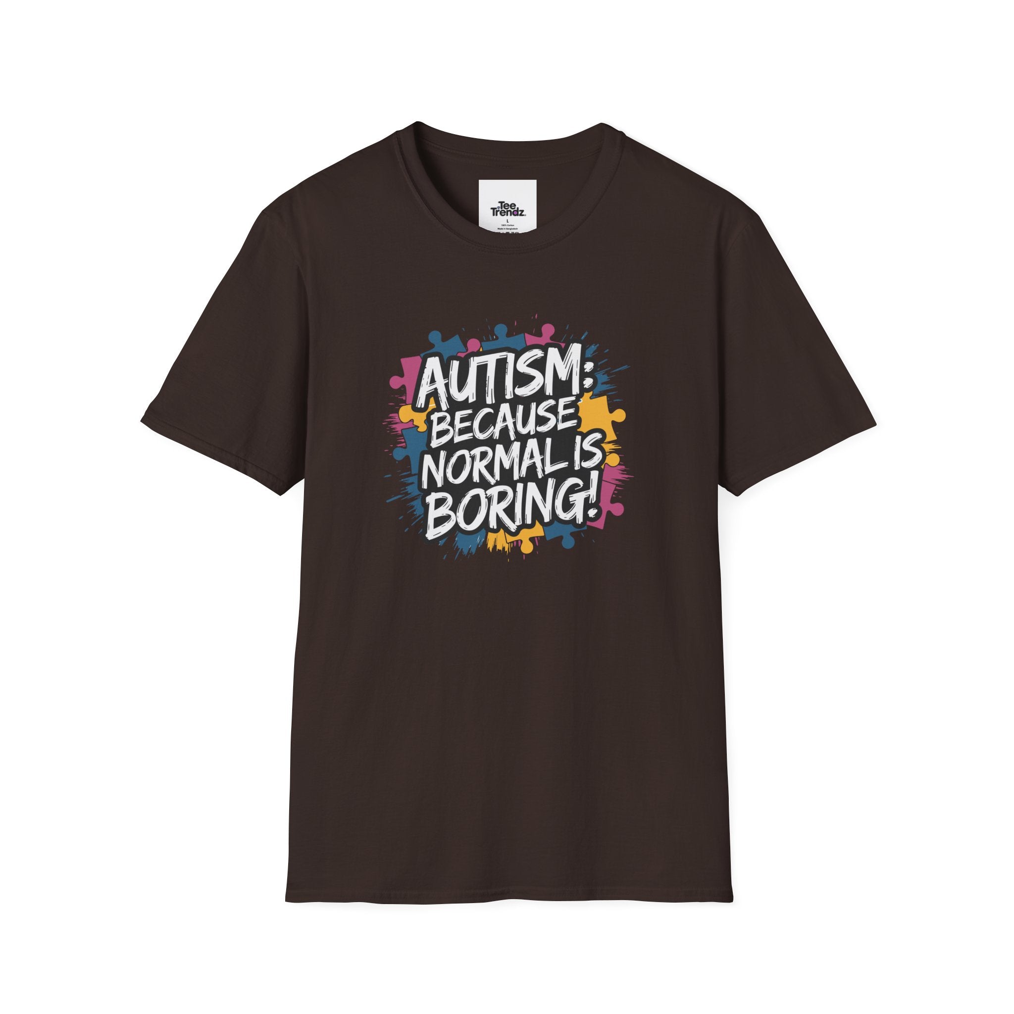 Autism Because Normal Is Boring T-Shirt — Colorful Puzzle Piece Awareness Tee