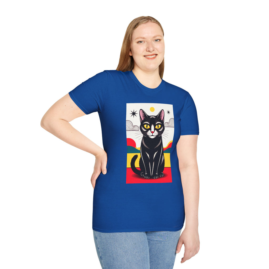 Black Cat Graphic T-Shirt — Retro Sunset Cat Illustration