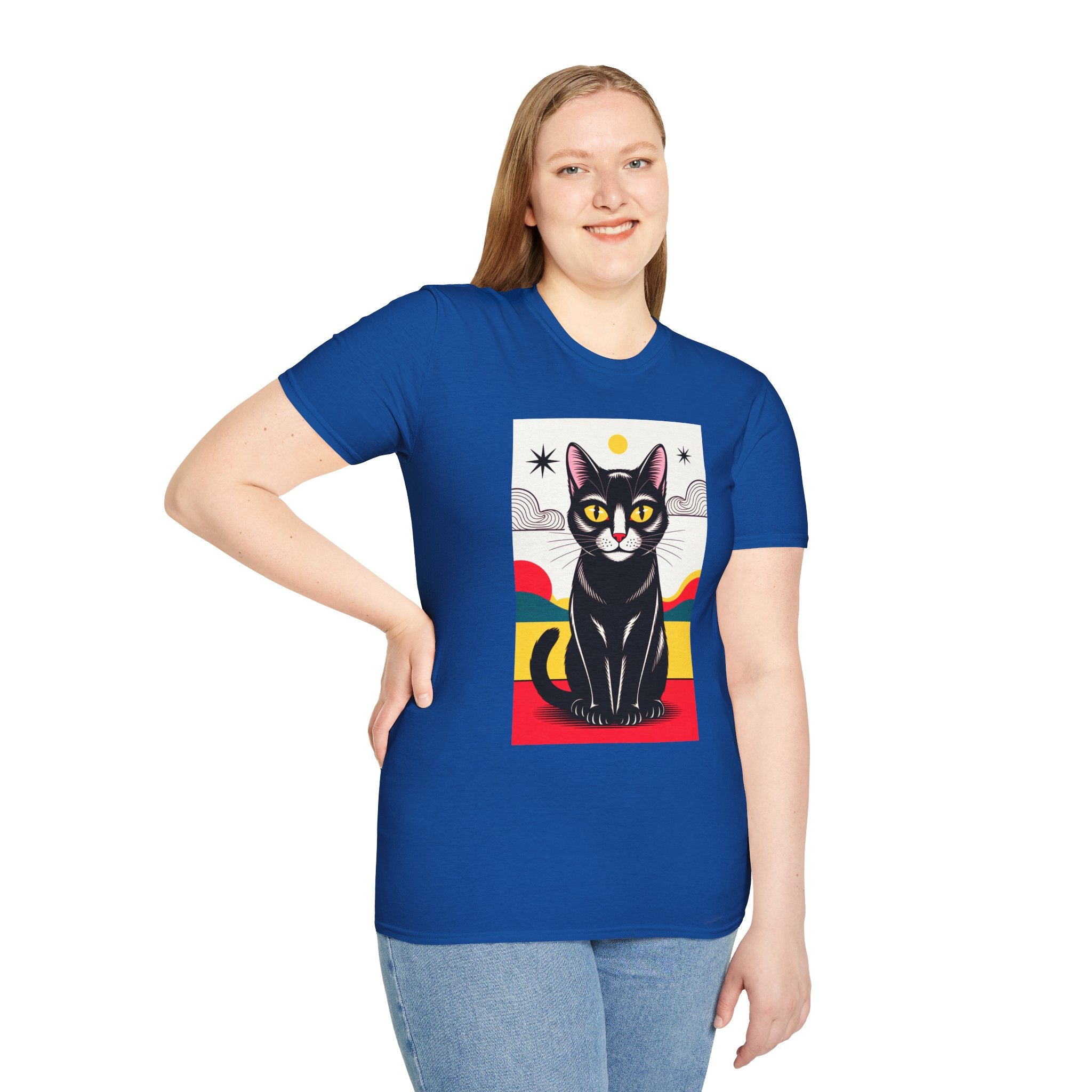 Black Cat Graphic T-Shirt — Retro Sunset Cat Illustration