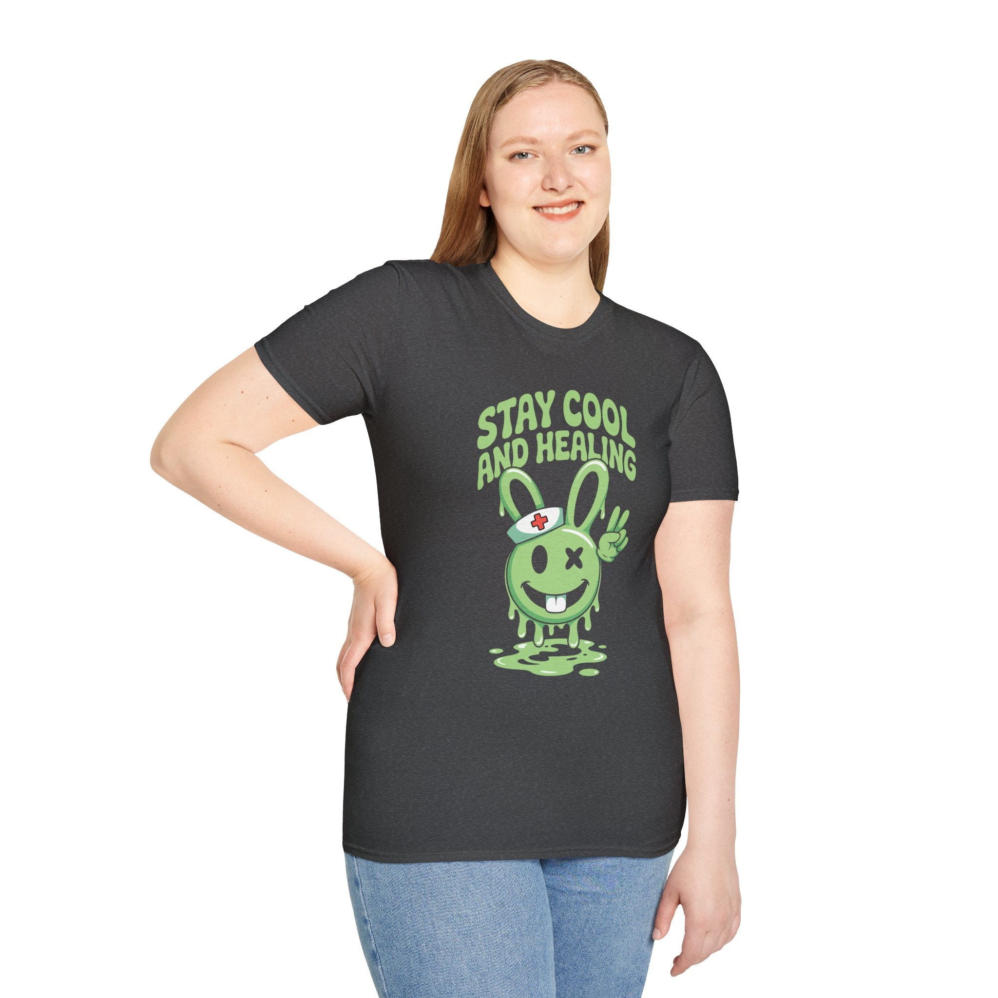 Stay Cool and Healing Graphic T-Shirt — Cute Green Bunny Peace Tee