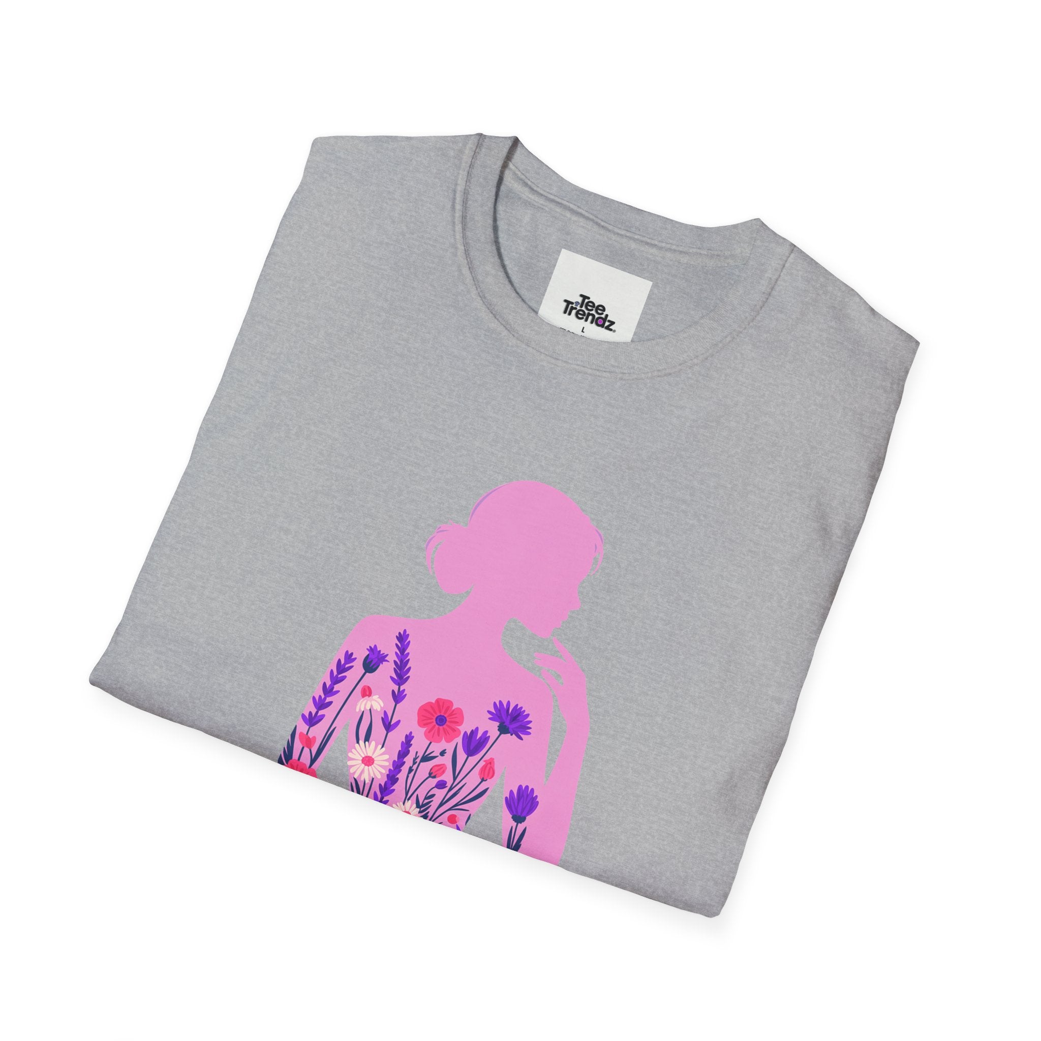 Floral Silhouette Tee — Pink Woman Dress Flower Graphic T-Shirt