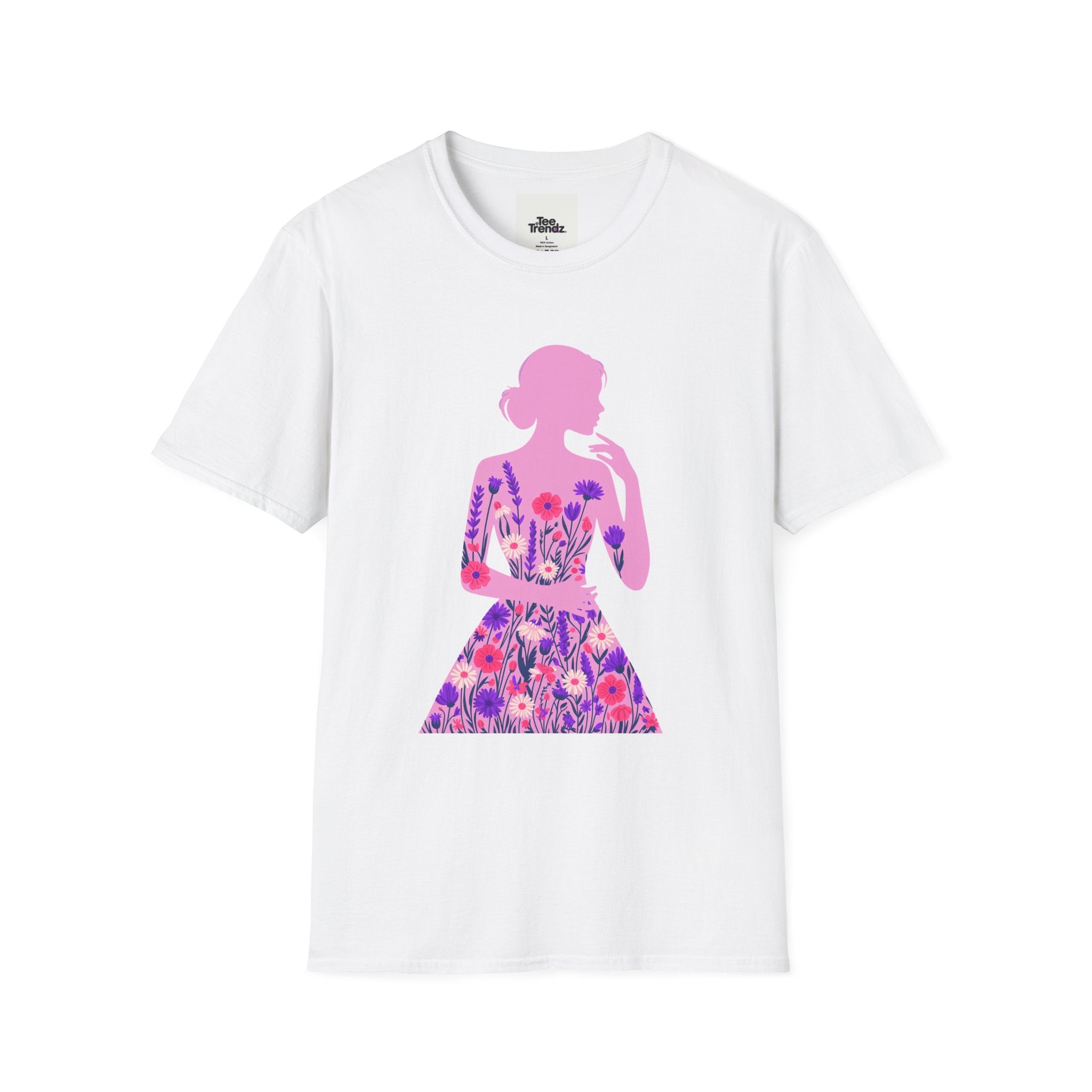 Floral Silhouette Tee — Pink Woman Dress Flower Graphic T-Shirt