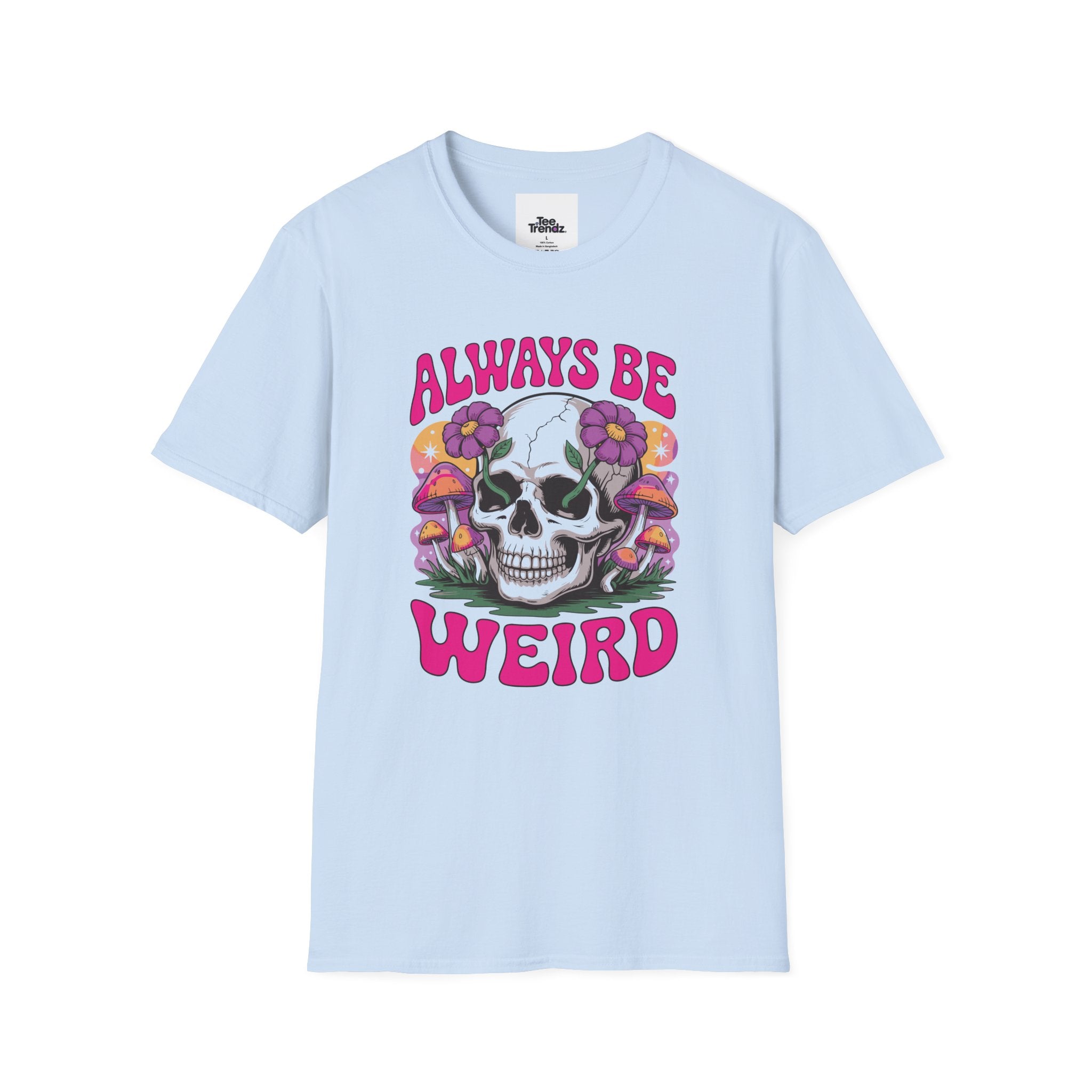 Skull & Mushrooms T-Shirt — "Always Be Weird" Retro Graphic Tee