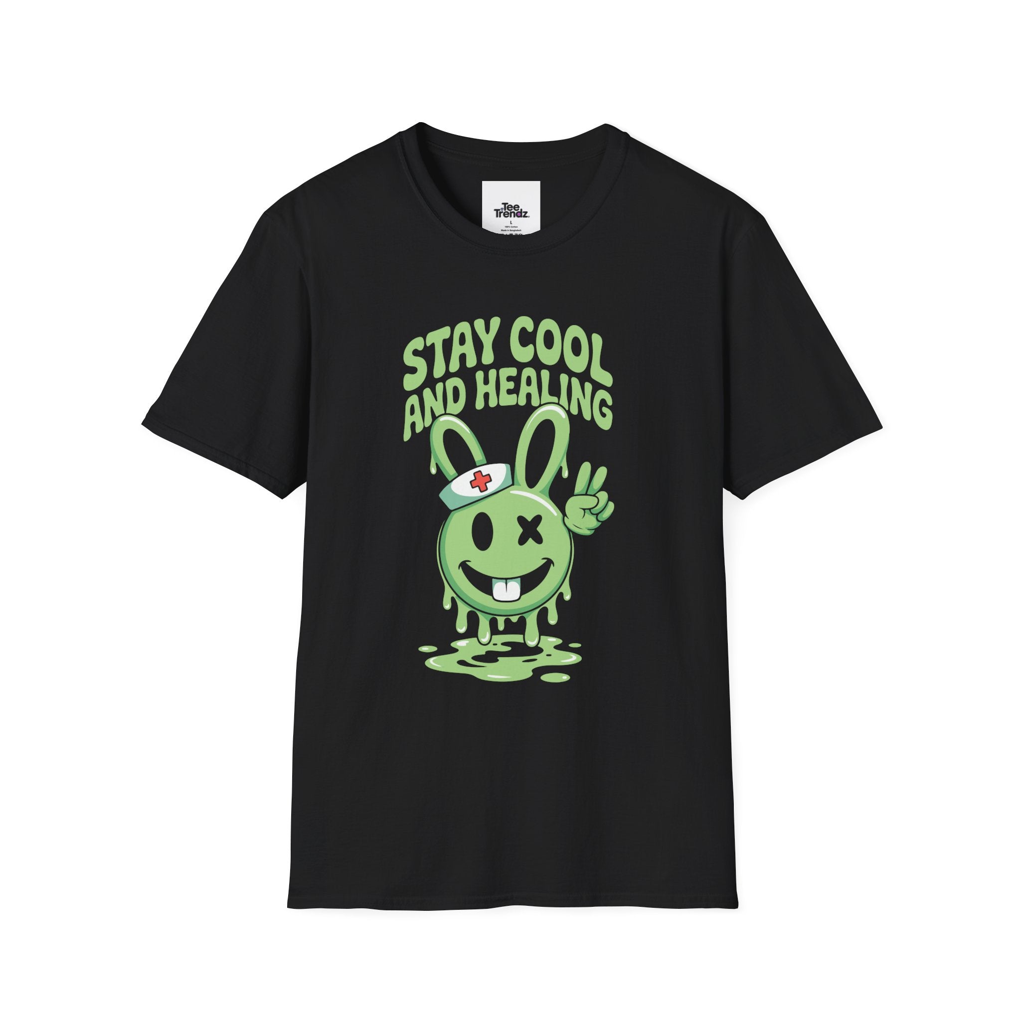 Stay Cool and Healing Graphic T-Shirt — Cute Green Bunny Peace Tee