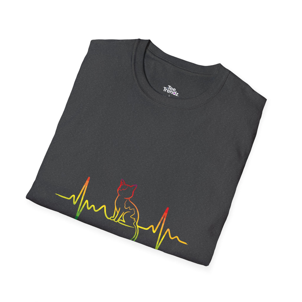 Cat Heartbeat T-Shirt — Rasta Outline Cat EKG Tee