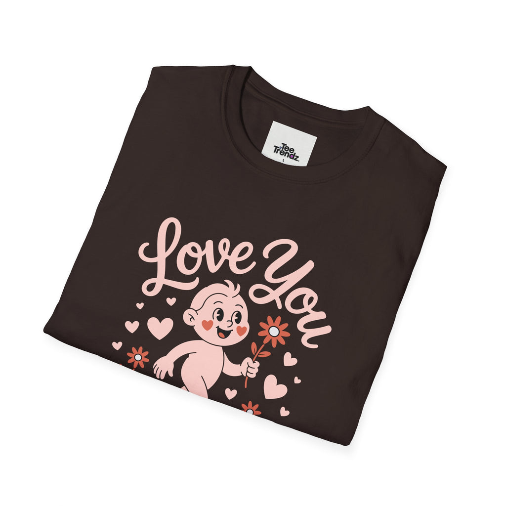 Love You Cute Character T-Shirt — Retro Pink Heart Cartoon Graphic Tee for Valentine’s Day