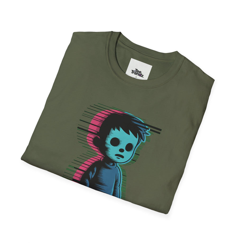 Glitch Kid Graphic T-Shirt — Retro Neon Horror Cute Tee