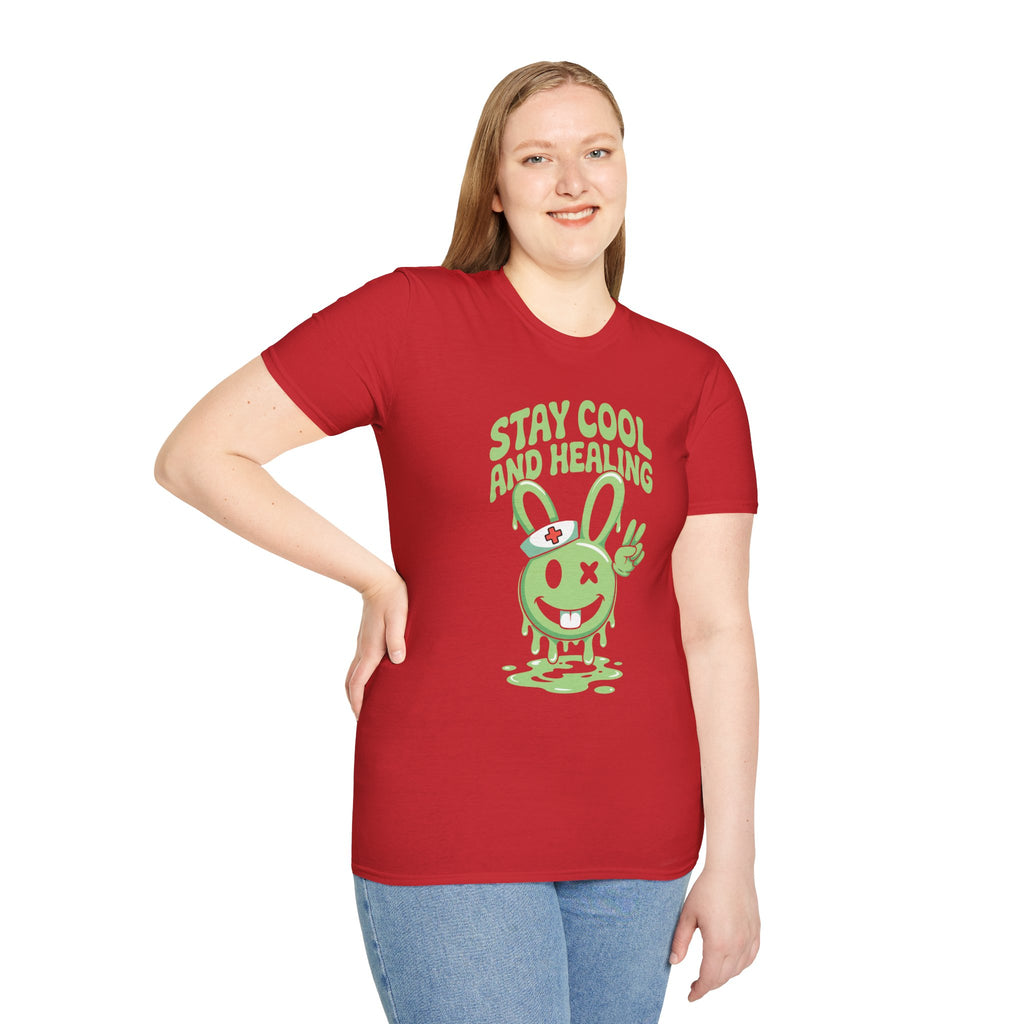 Stay Cool and Healing Graphic T-Shirt — Cute Green Bunny Peace Tee