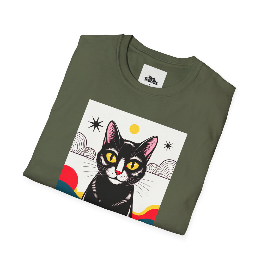 Black Cat Graphic T-Shirt — Retro Sunset Cat Illustration