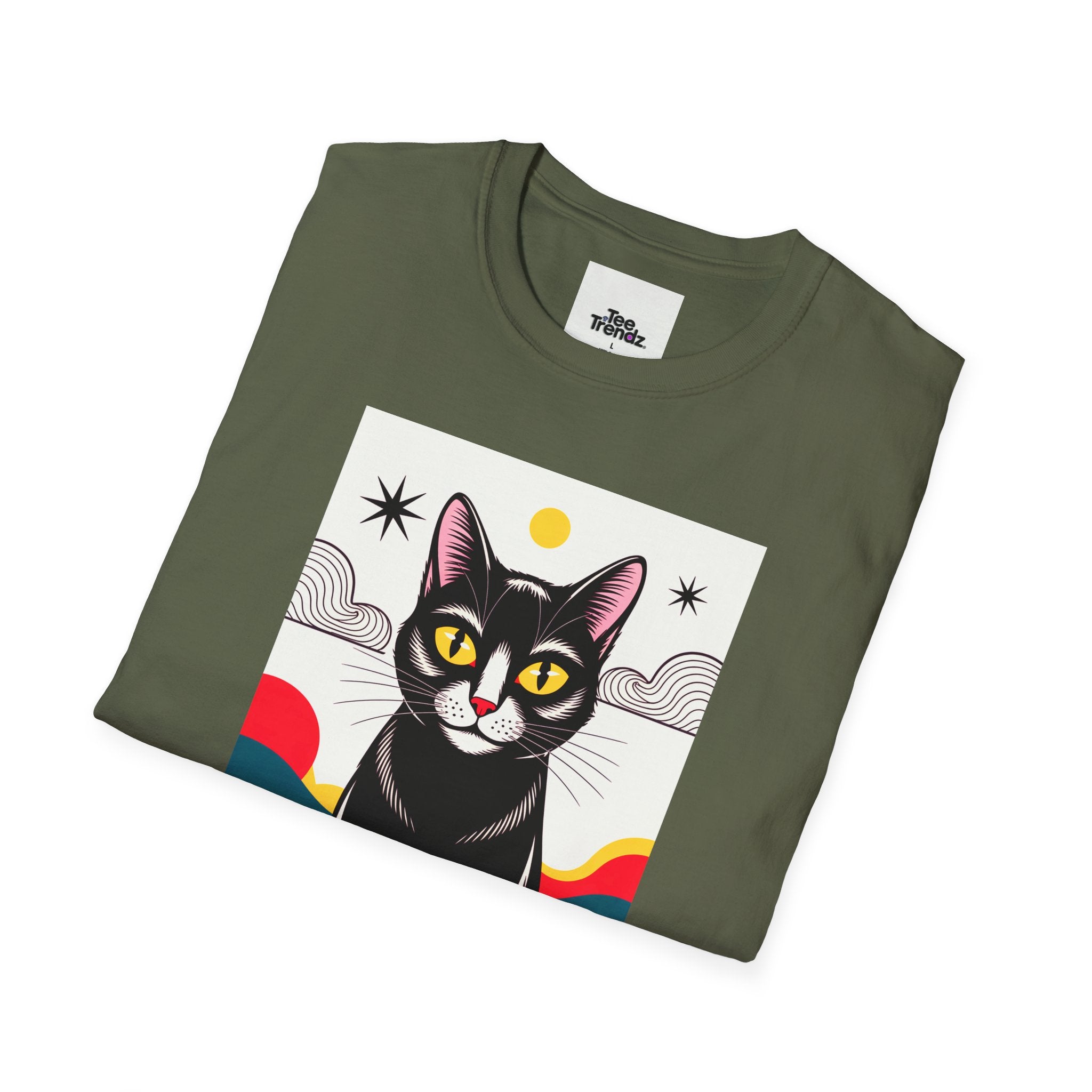 Black Cat Graphic T-Shirt — Retro Sunset Cat Illustration