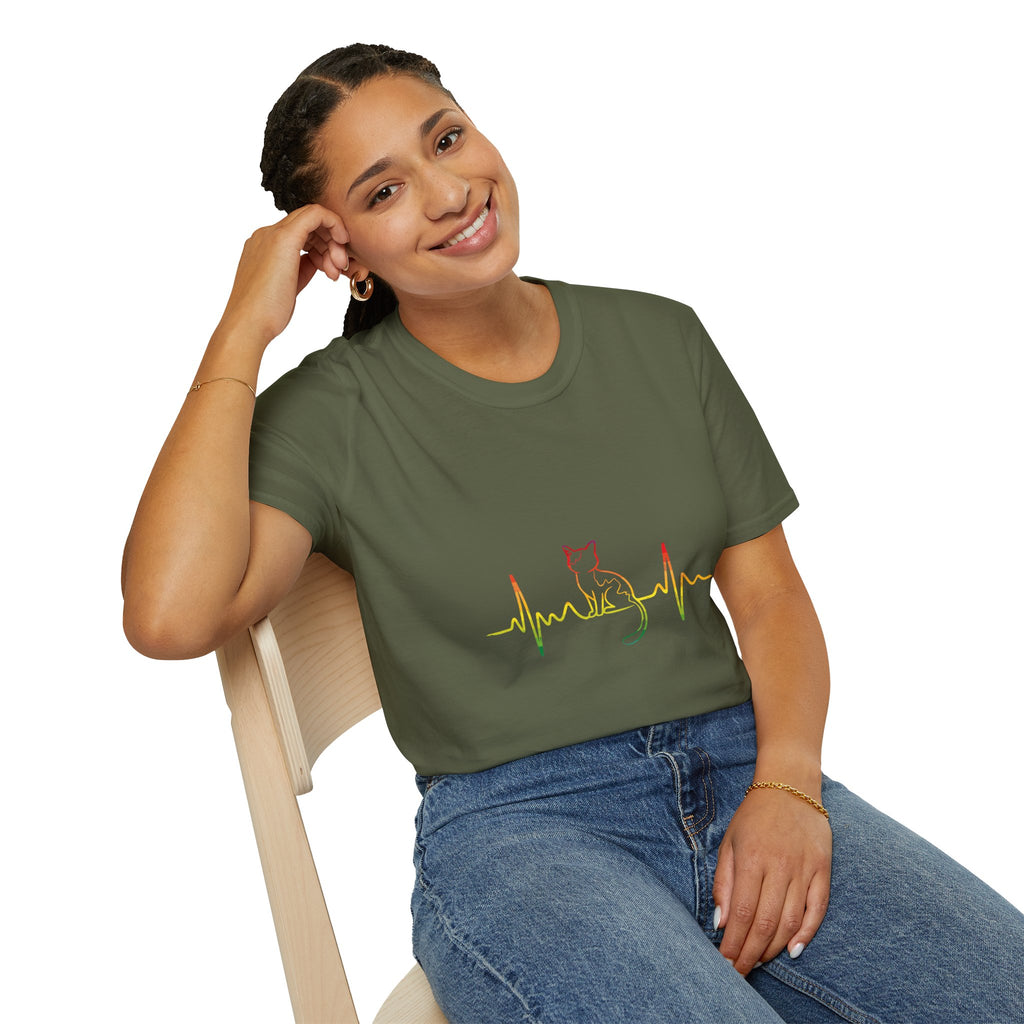 Cat Heartbeat T-Shirt — Rasta Outline Cat EKG Tee