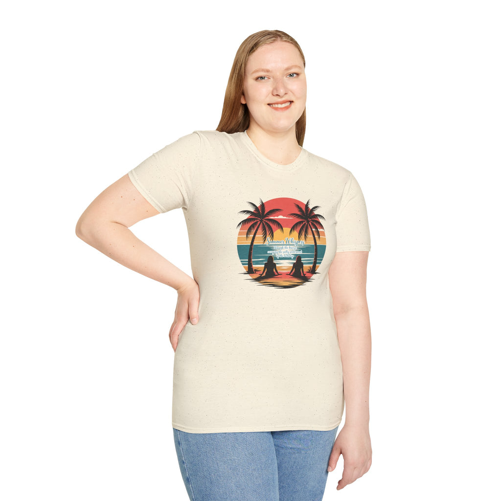 Beach Sunset T-Shirt — Couples Silhouette Palm Tree Graphic Tee (Vintage Rainbow Stripes)