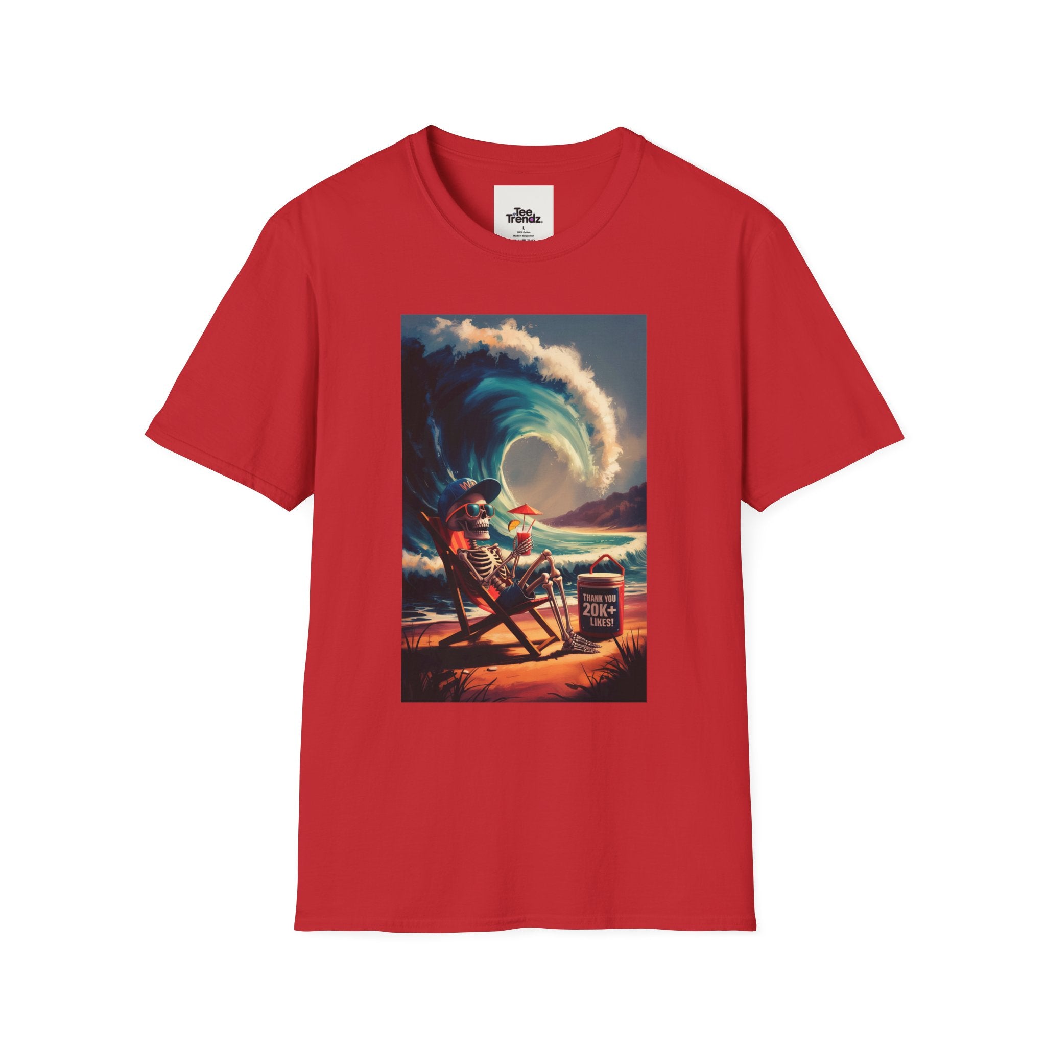 T-Shirt - Retro Beach Surf Scene with Giant Wave and Relaxing Skeleton (Vintage Coastal Vibe)