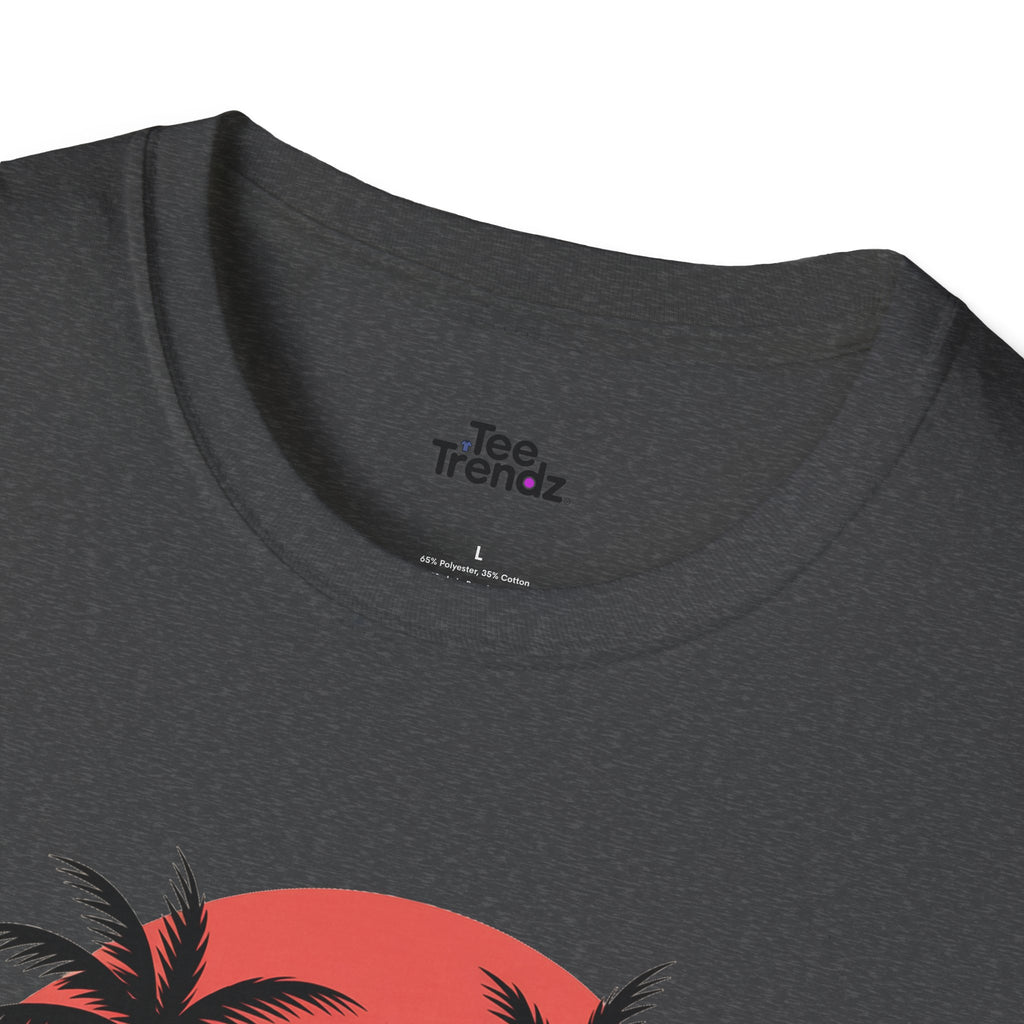 Beach Sunset T-Shirt — Couples Silhouette Palm Tree Graphic Tee (Vintage Rainbow Stripes)