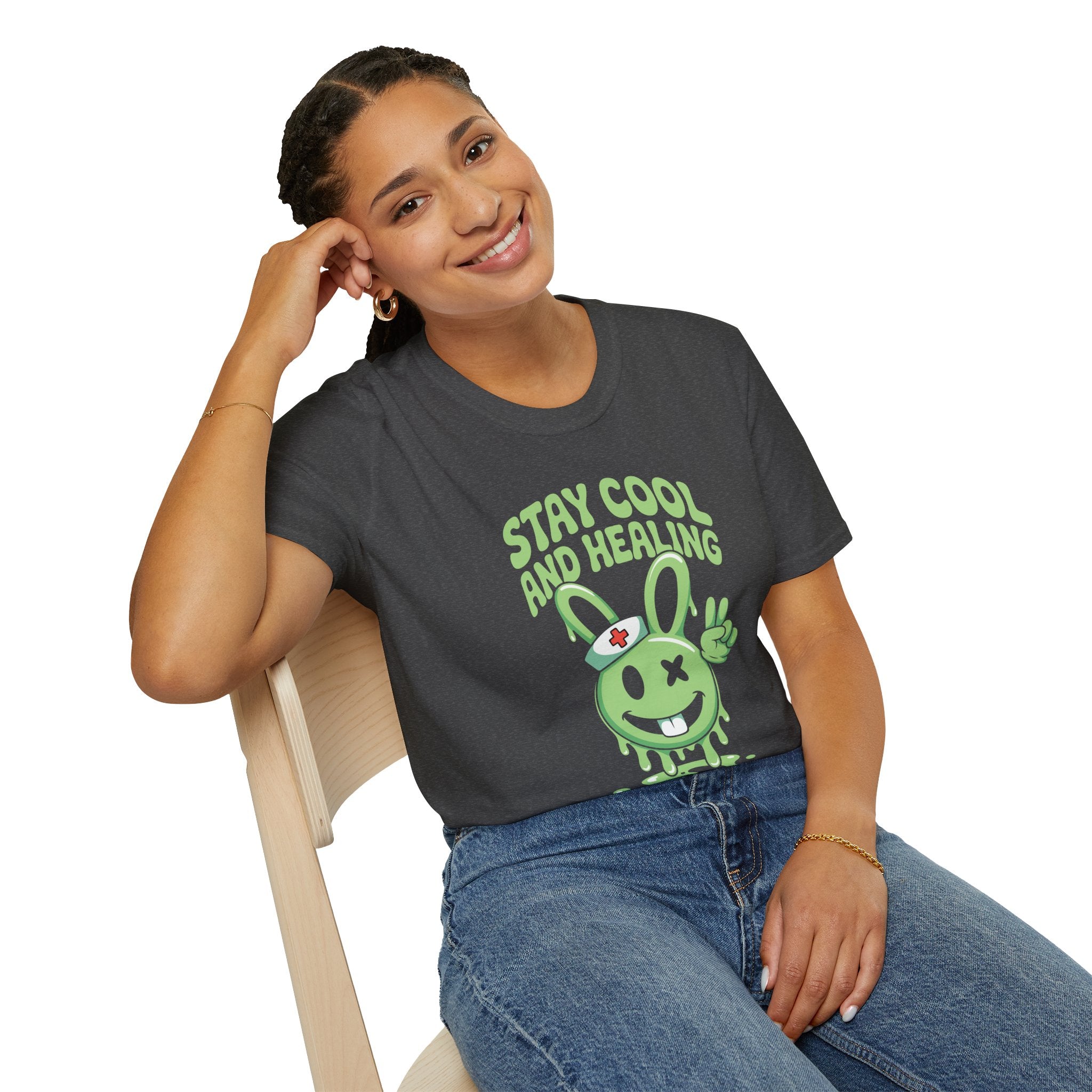 Stay Cool and Healing Graphic T-Shirt — Cute Green Bunny Peace Tee