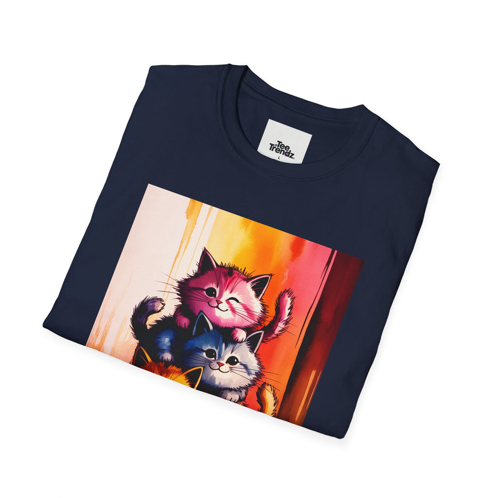 Colorful Stacked Cats T-Shirt — Playful Cute Cat Art Tee