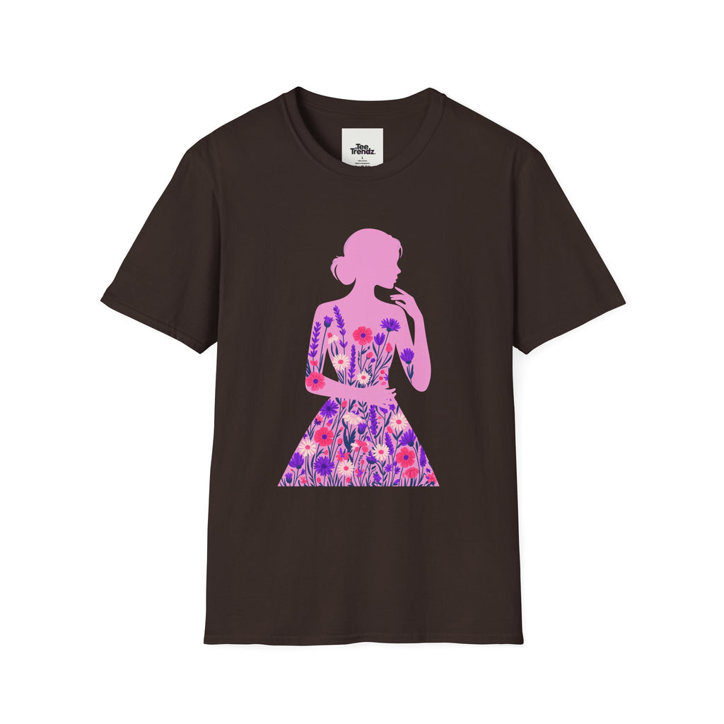 Floral Silhouette Tee — Pink Woman Dress Flower Graphic T-Shirt