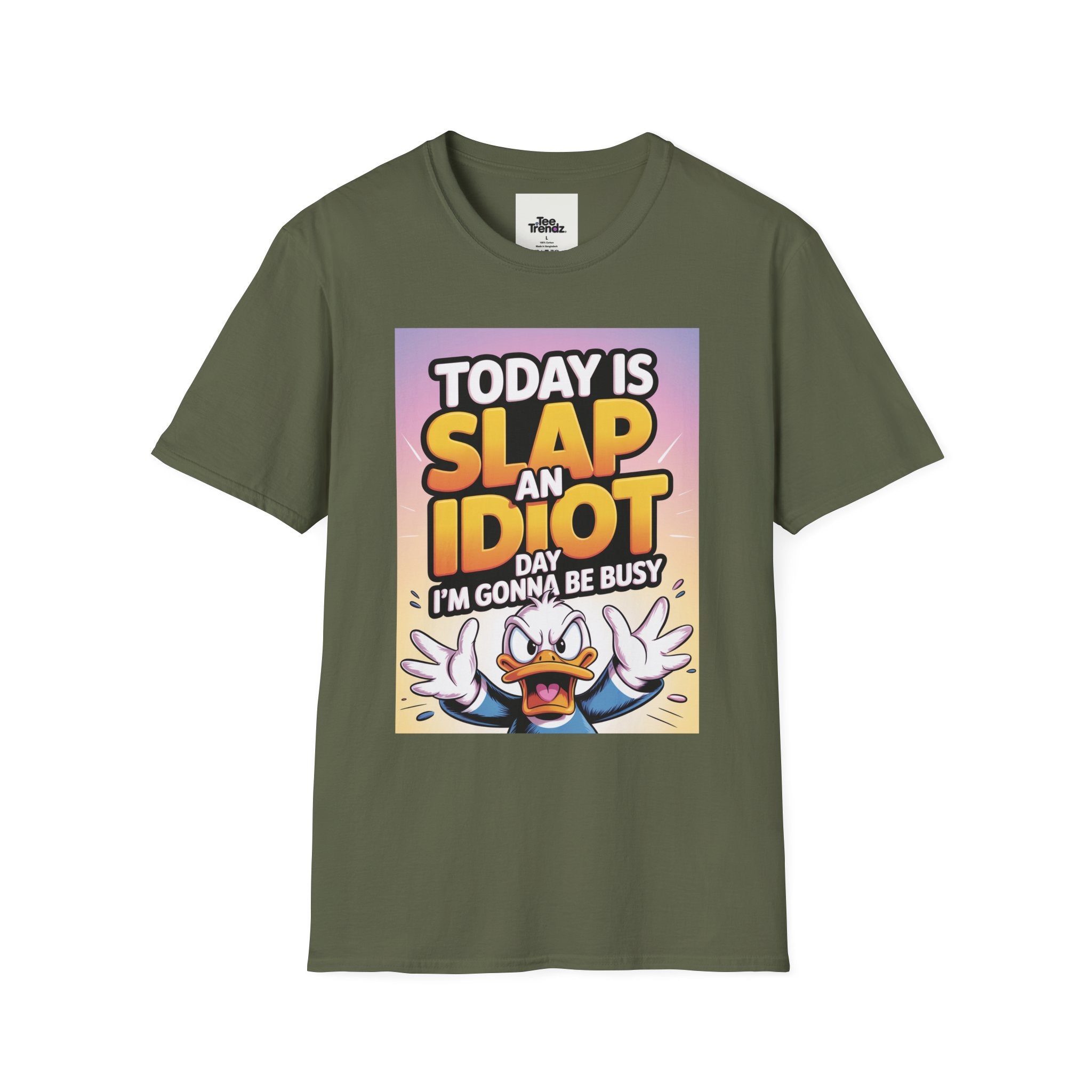 Funny Graphic T-Shirt – "Today Is Slap An Idiot Day" Cartoon Duck Tee