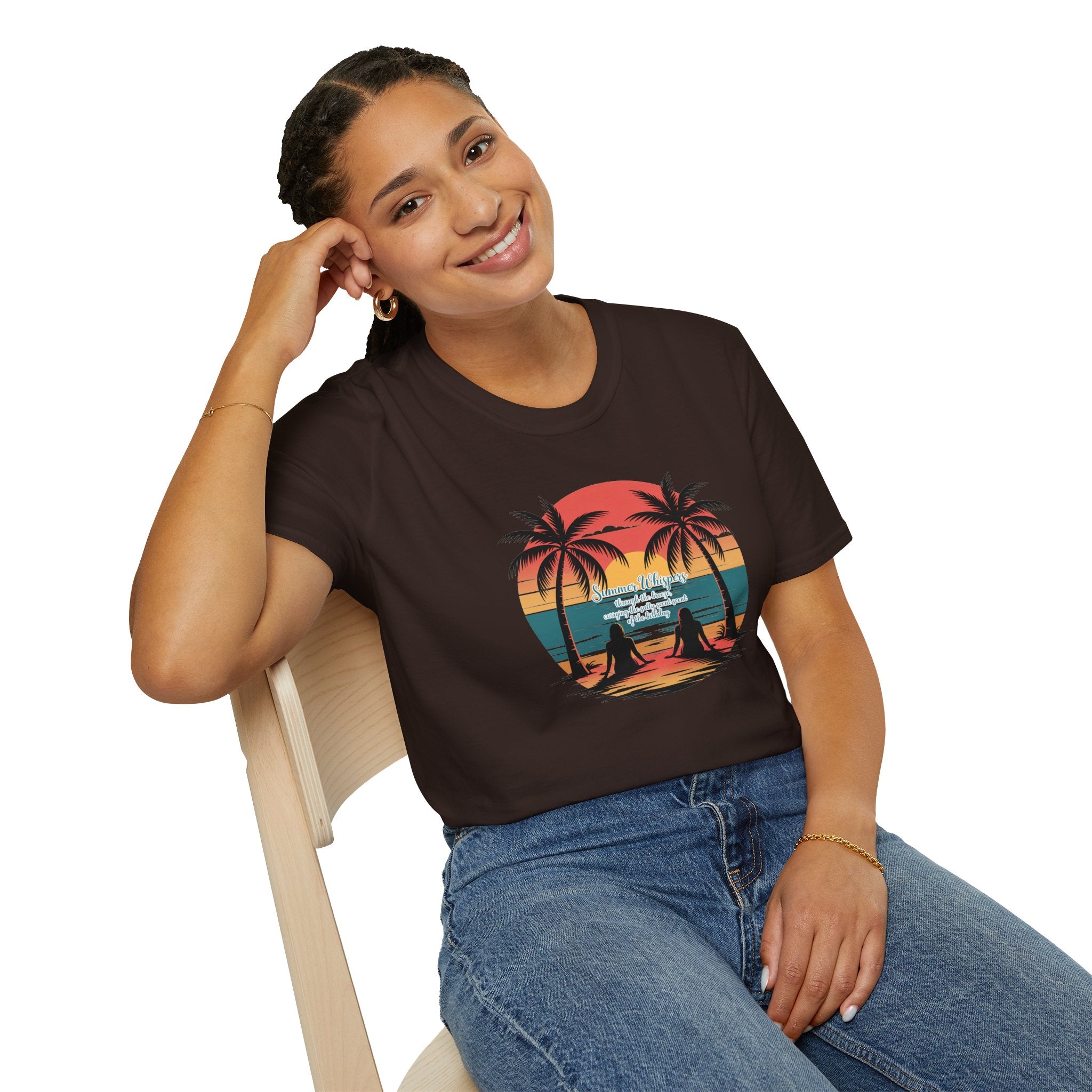 Beach Sunset T-Shirt — Couples Silhouette Palm Tree Graphic Tee (Vintage Rainbow Stripes)
