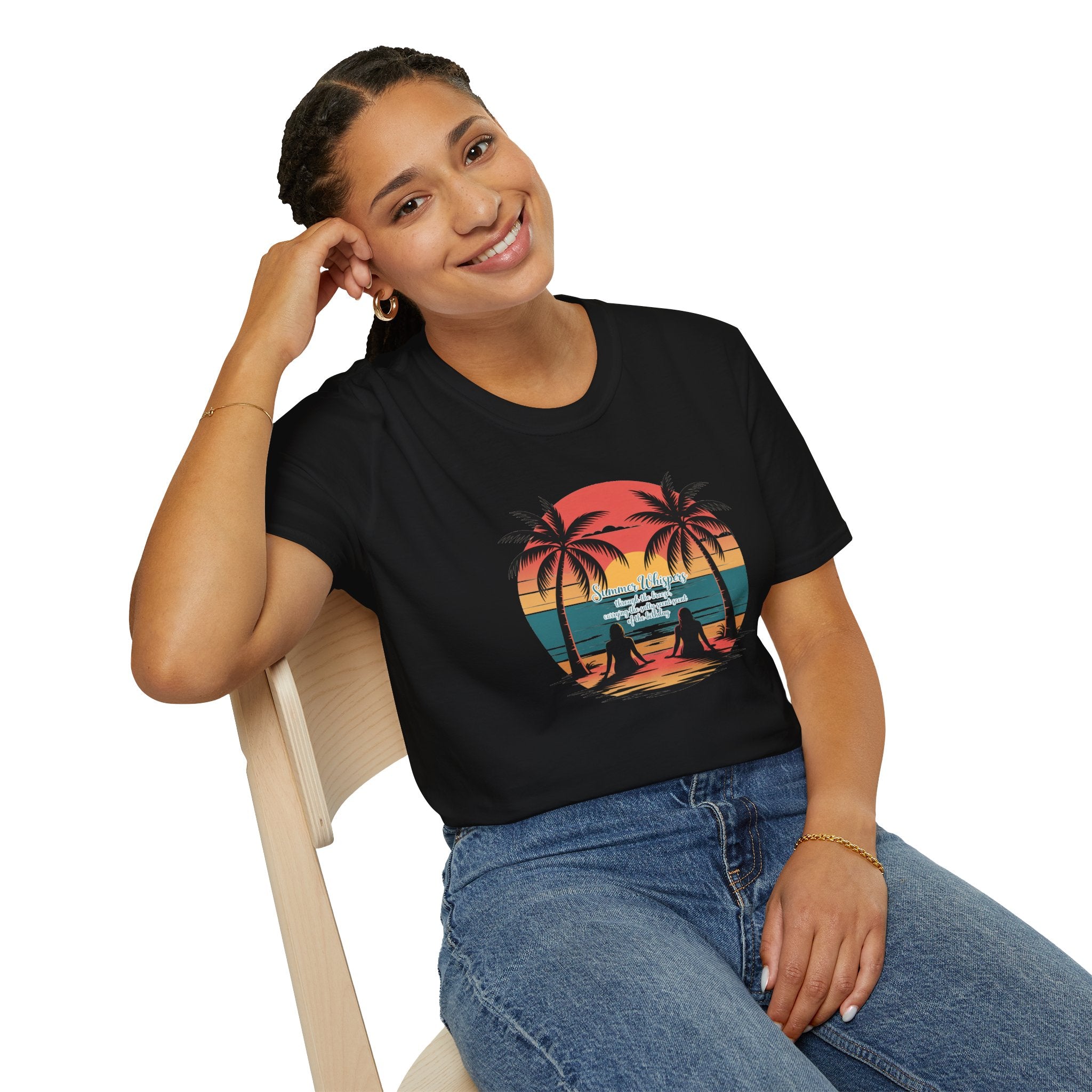 Beach Sunset T-Shirt — Couples Silhouette Palm Tree Graphic Tee (Vintage Rainbow Stripes)