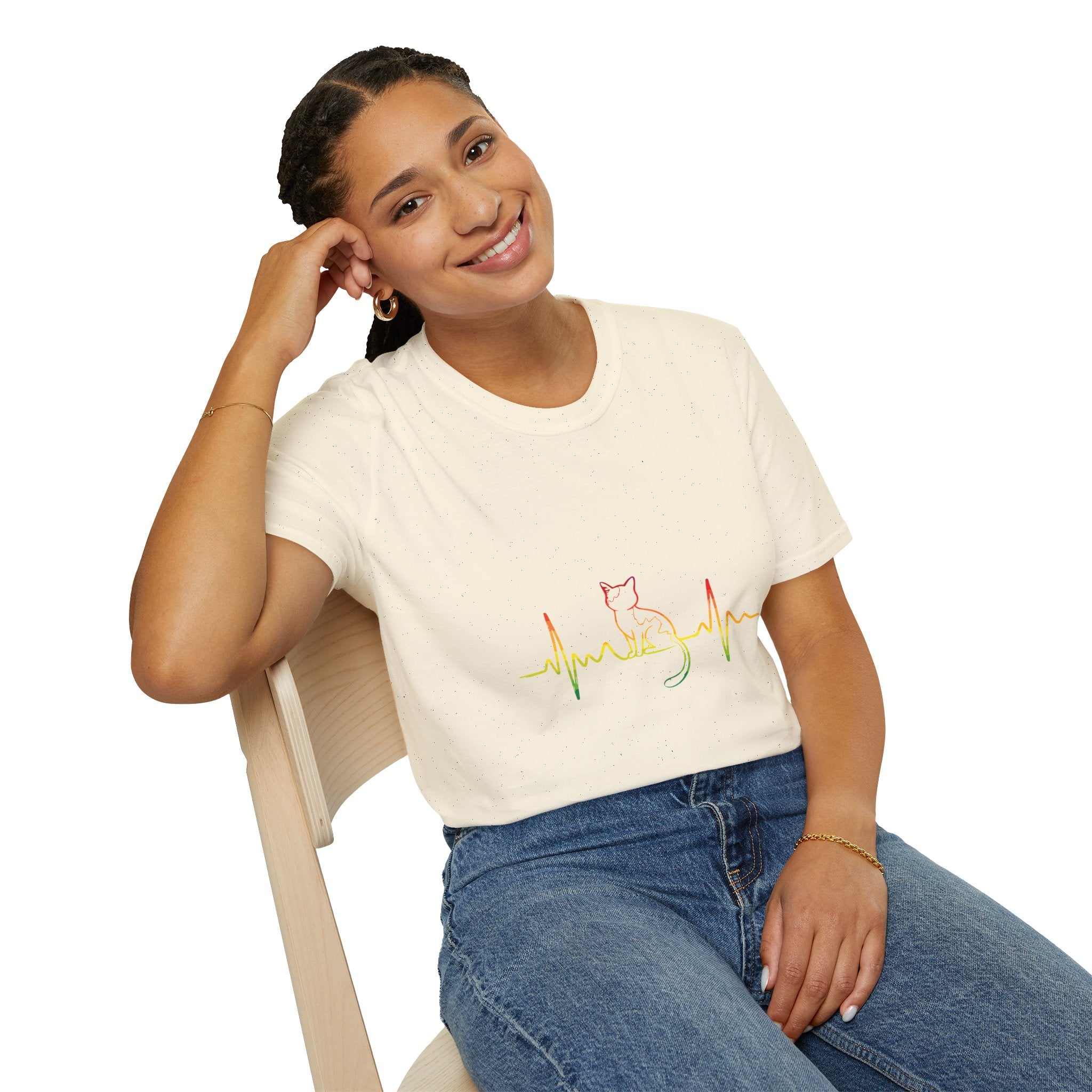 Cat Heartbeat T-Shirt — Rasta Outline Cat EKG Tee