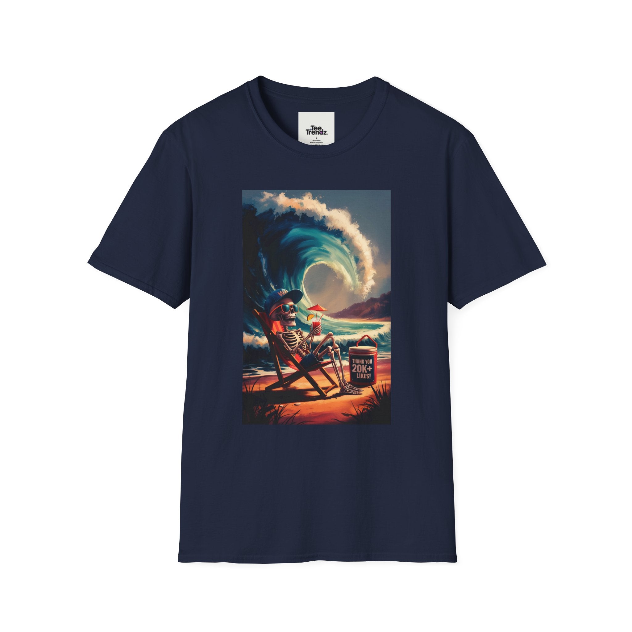 T-Shirt - Retro Beach Surf Scene with Giant Wave and Relaxing Skeleton (Vintage Coastal Vibe)