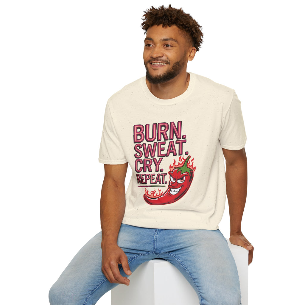 Burn. Sweat. Cry. Repeat. T-Shirt — Spicy Fitness Motivation Tee