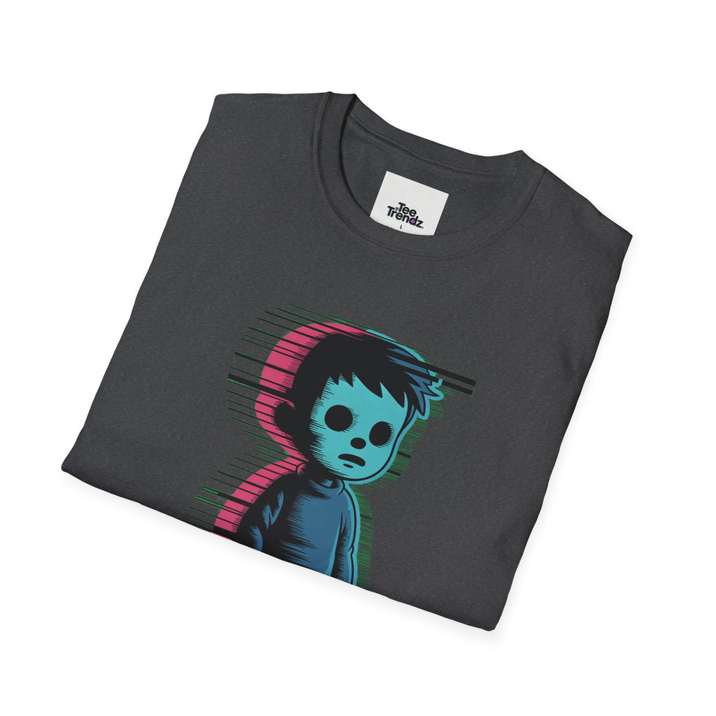 Glitch Kid Graphic T-Shirt — Retro Neon Horror Cute Tee