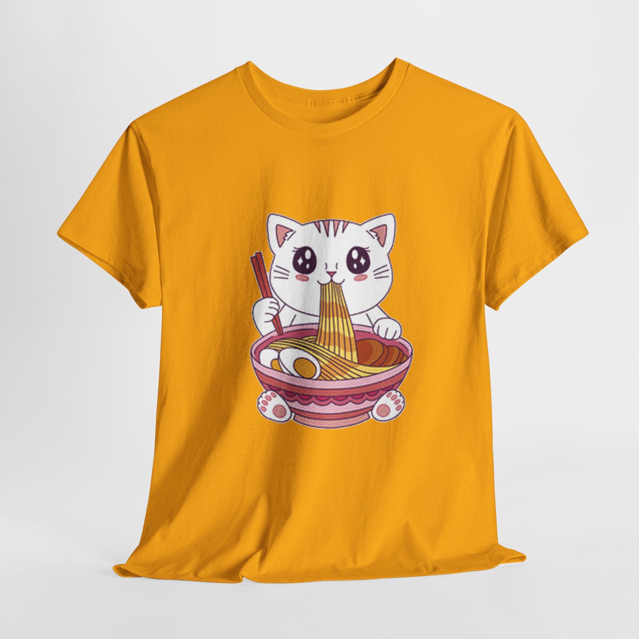 Cute Cat Ramen Tee – Kawaii Kitty Eating Noodles Graphic Shirt