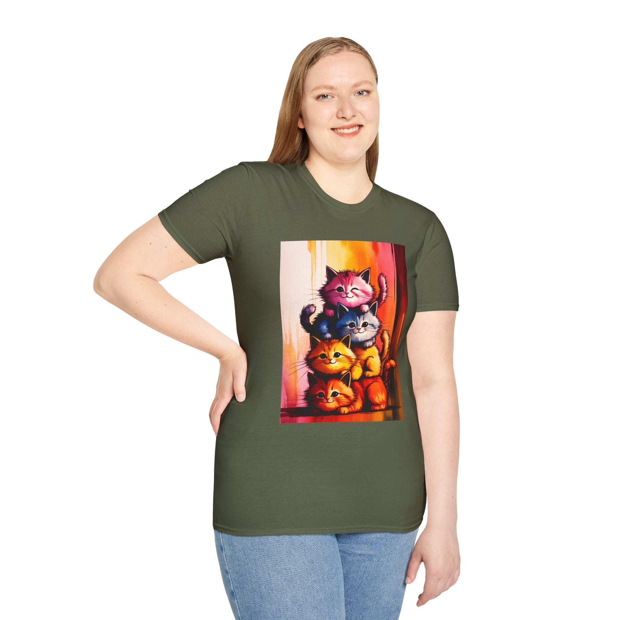 Colorful Stacked Cats T-Shirt — Playful Cute Cat Art Tee