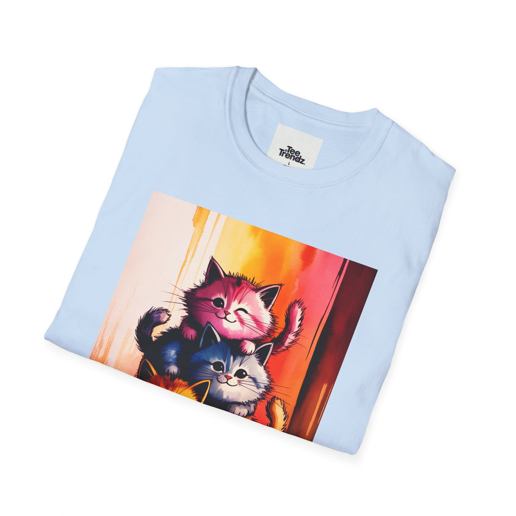 Colorful Stacked Cats T-Shirt — Playful Cute Cat Art Tee