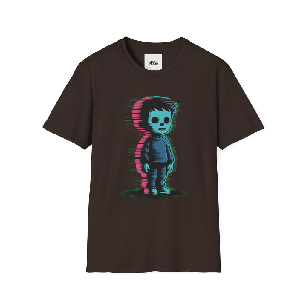 Glitch Kid Graphic T-Shirt — Retro Neon Horror Cute Tee
