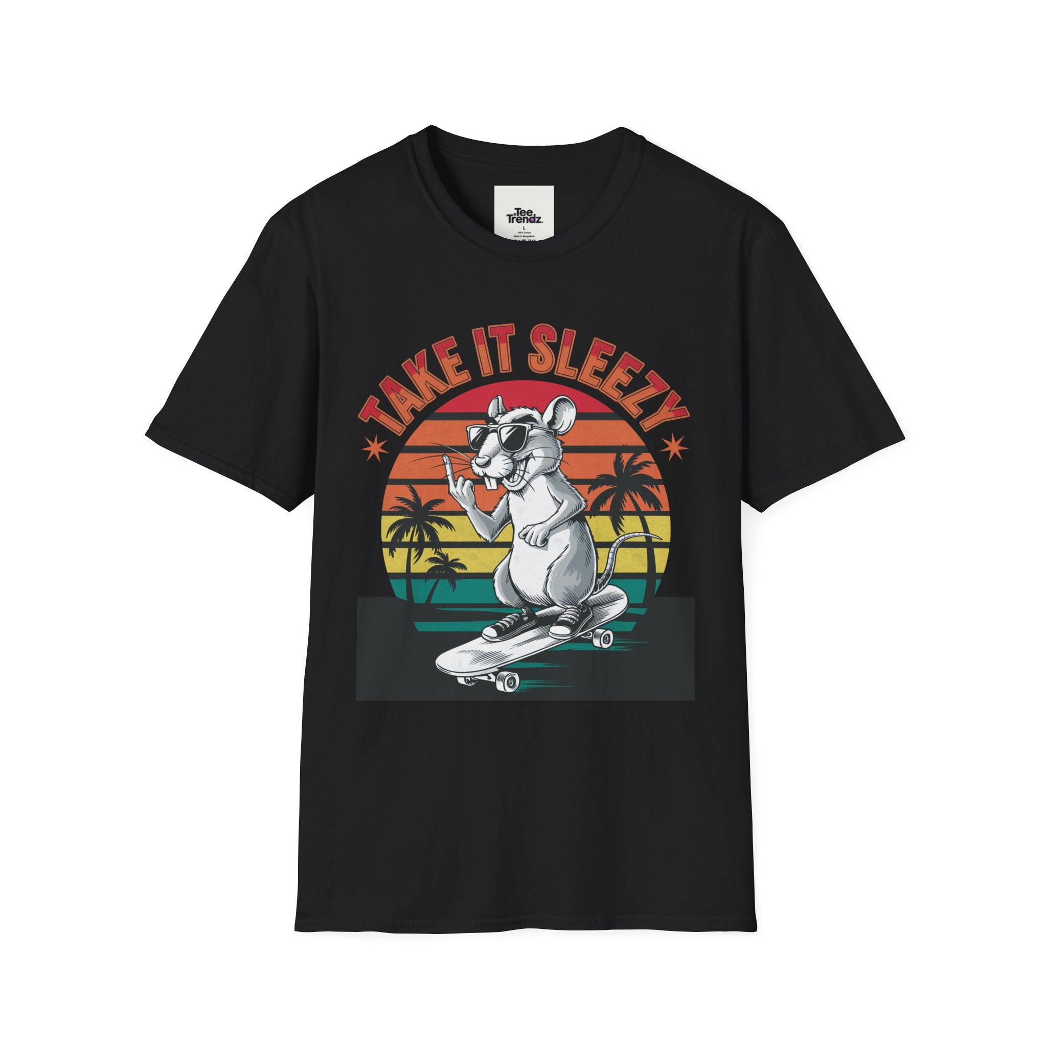 Take It Sleazy Skateboard Rat T-Shirt — Retro Sunset Beach Graphic Tee