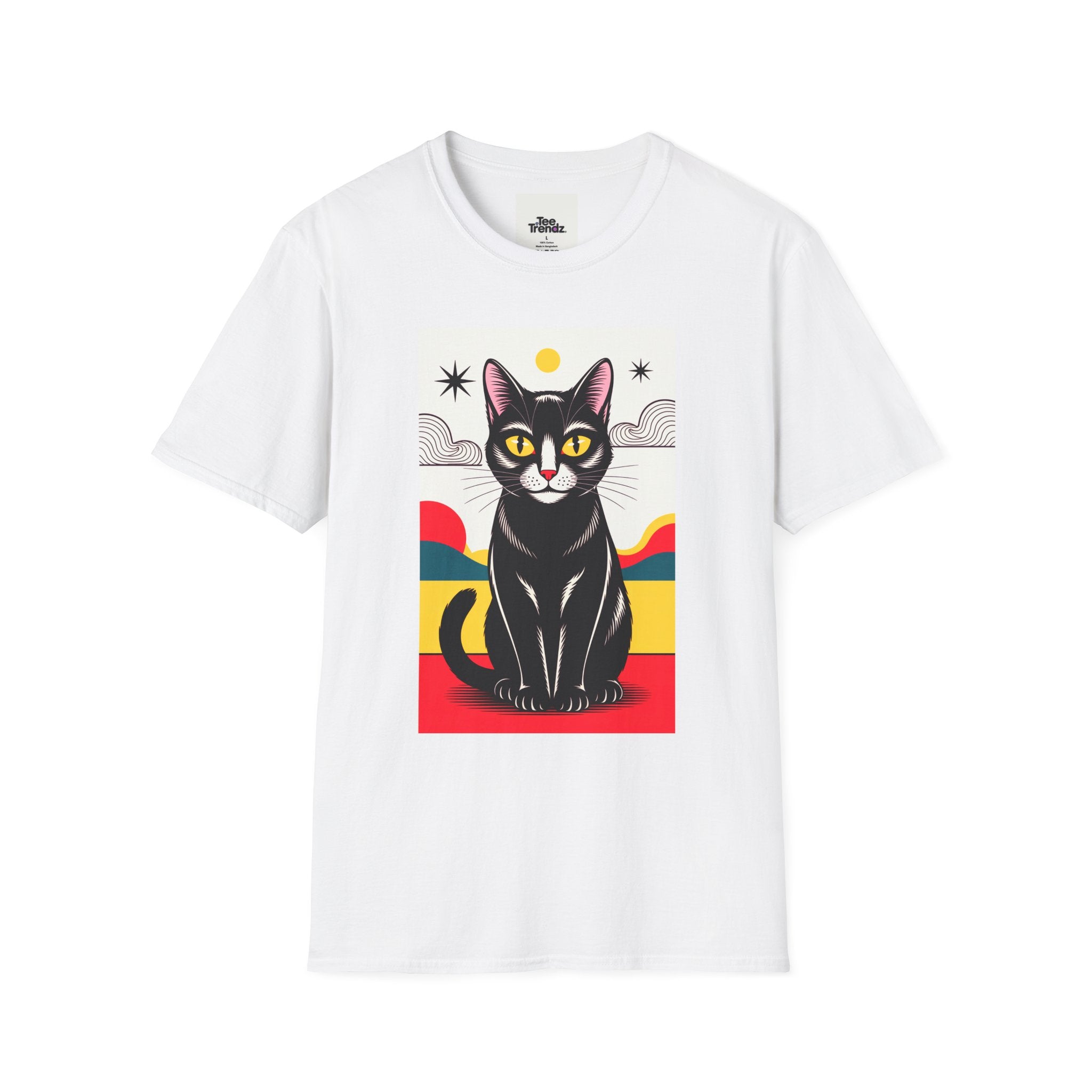 Black Cat Graphic T-Shirt — Retro Sunset Cat Illustration