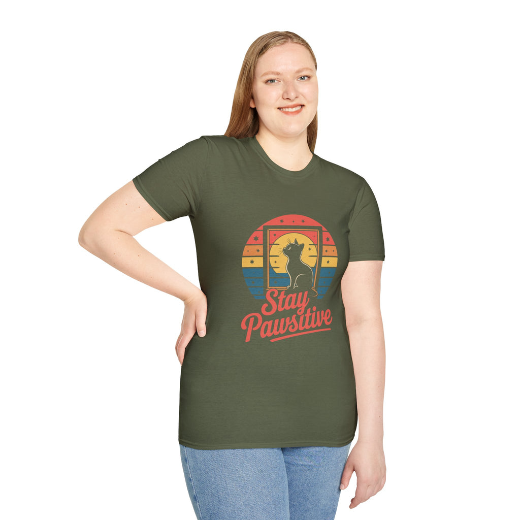 Stay Pawsitive Cat T-Shirt — Retro Rainbow Cat Graphic Tee