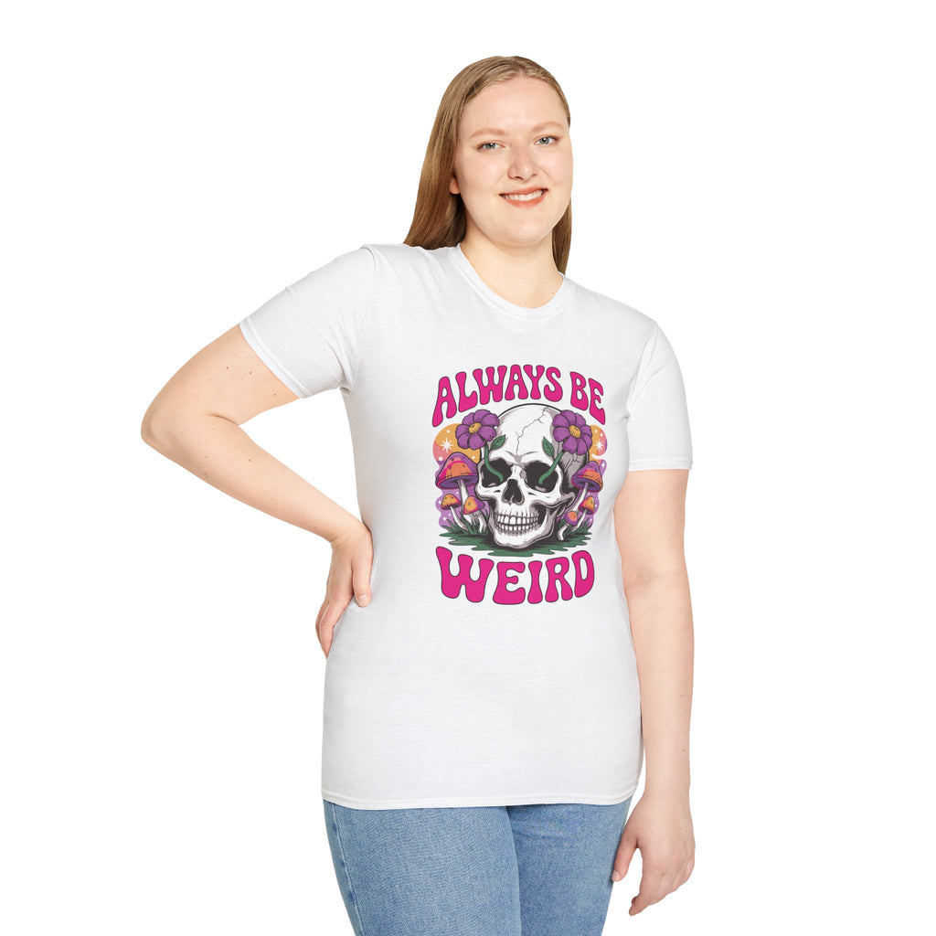 Skull & Mushrooms T-Shirt — "Always Be Weird" Retro Graphic Tee