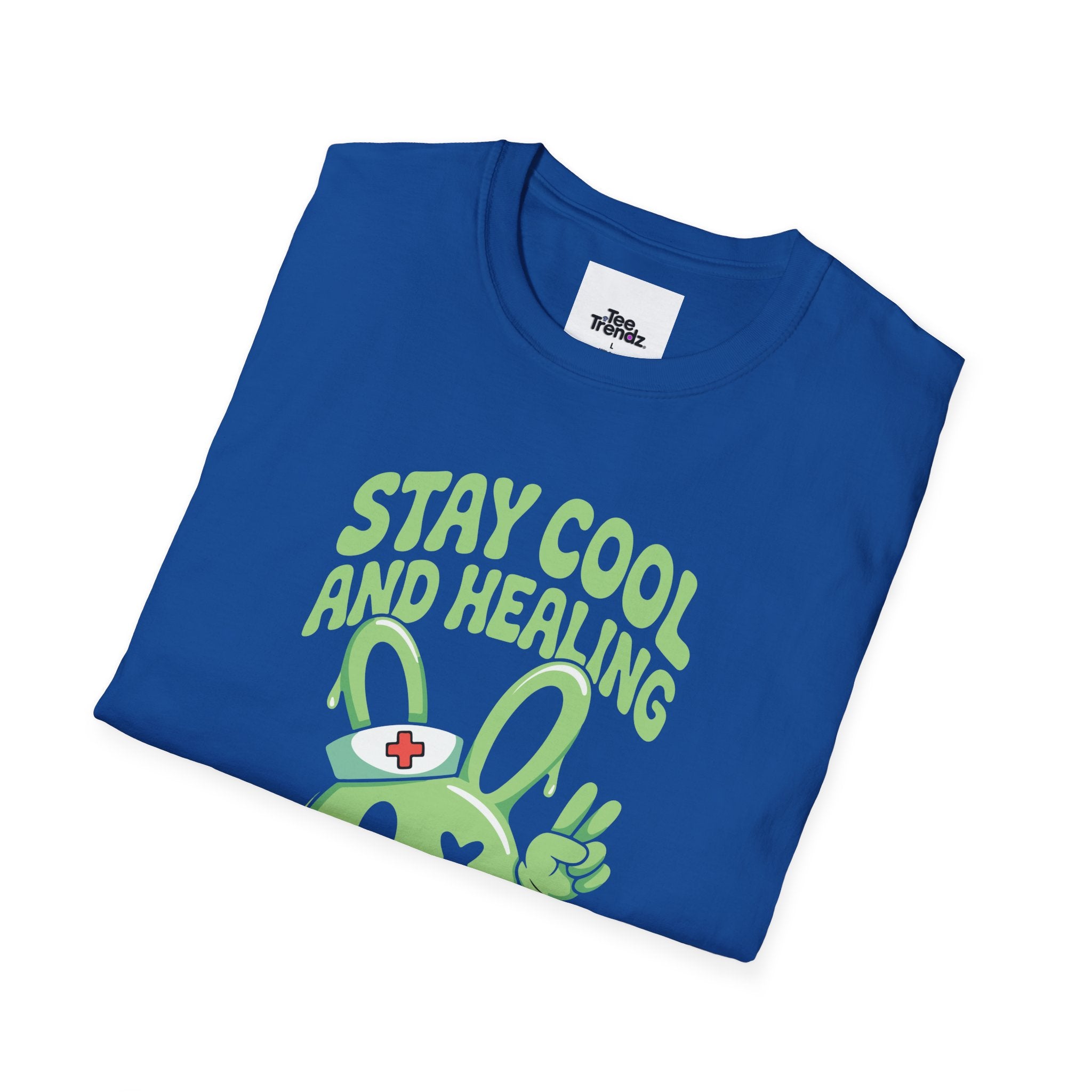 Stay Cool and Healing Graphic T-Shirt — Cute Green Bunny Peace Tee