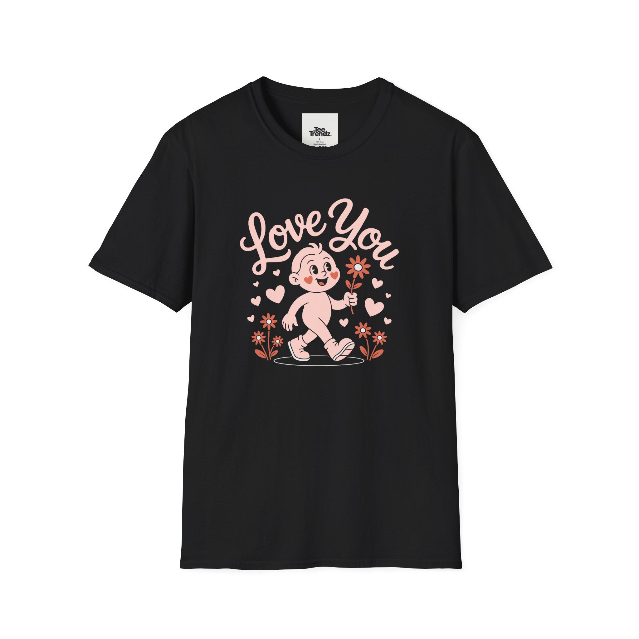 Love You Cute Character T-Shirt — Retro Pink Heart Cartoon Graphic Tee for Valentine’s Day