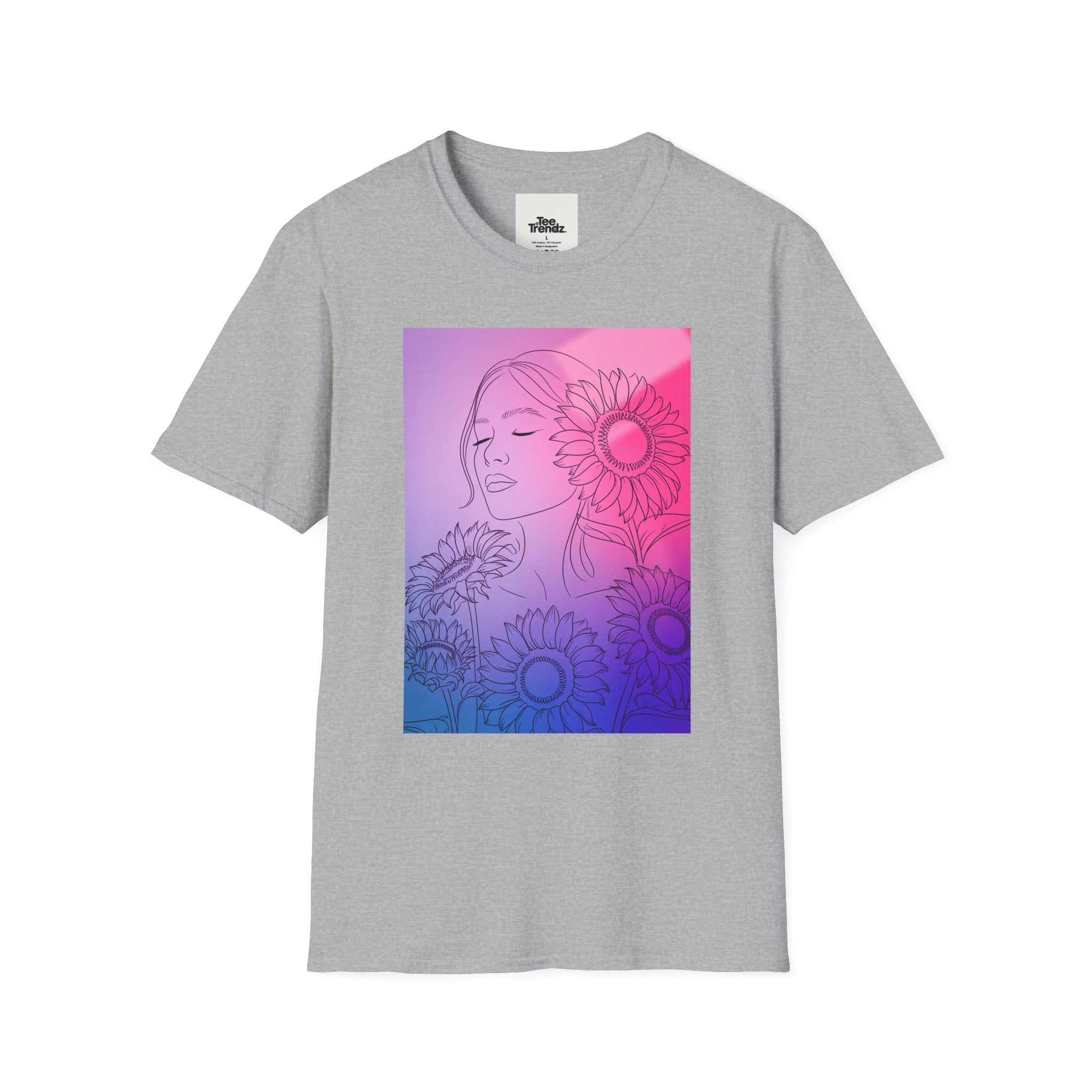 Floral Muse Tee — Pink to Blue Gradient Sunflower Portrait T-Shirt