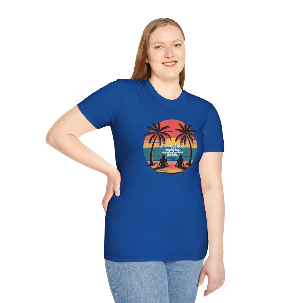 Beach Sunset T-Shirt — Couples Silhouette Palm Tree Graphic Tee (Vintage Rainbow Stripes)