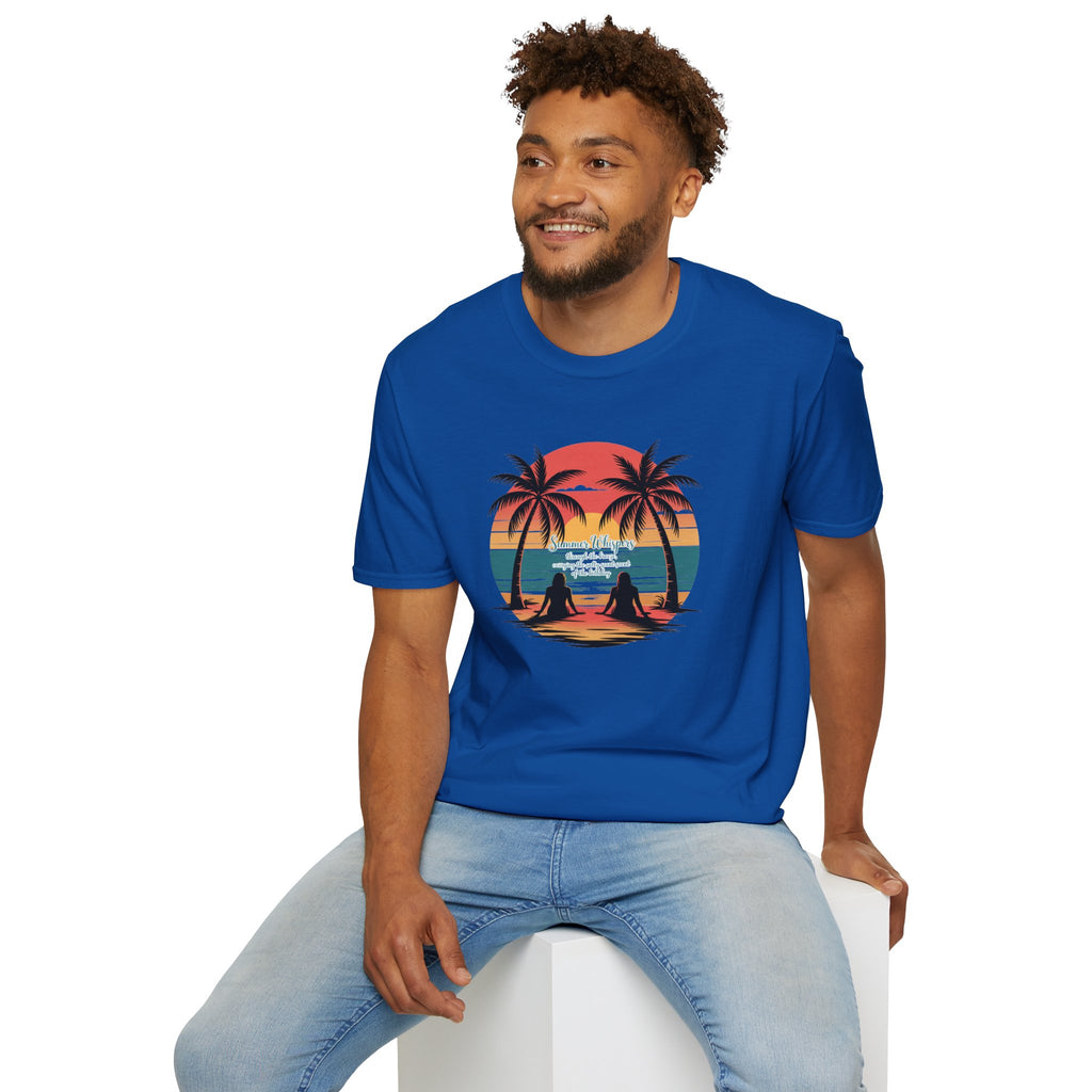 Beach Sunset T-Shirt — Couples Silhouette Palm Tree Graphic Tee (Vintage Rainbow Stripes)