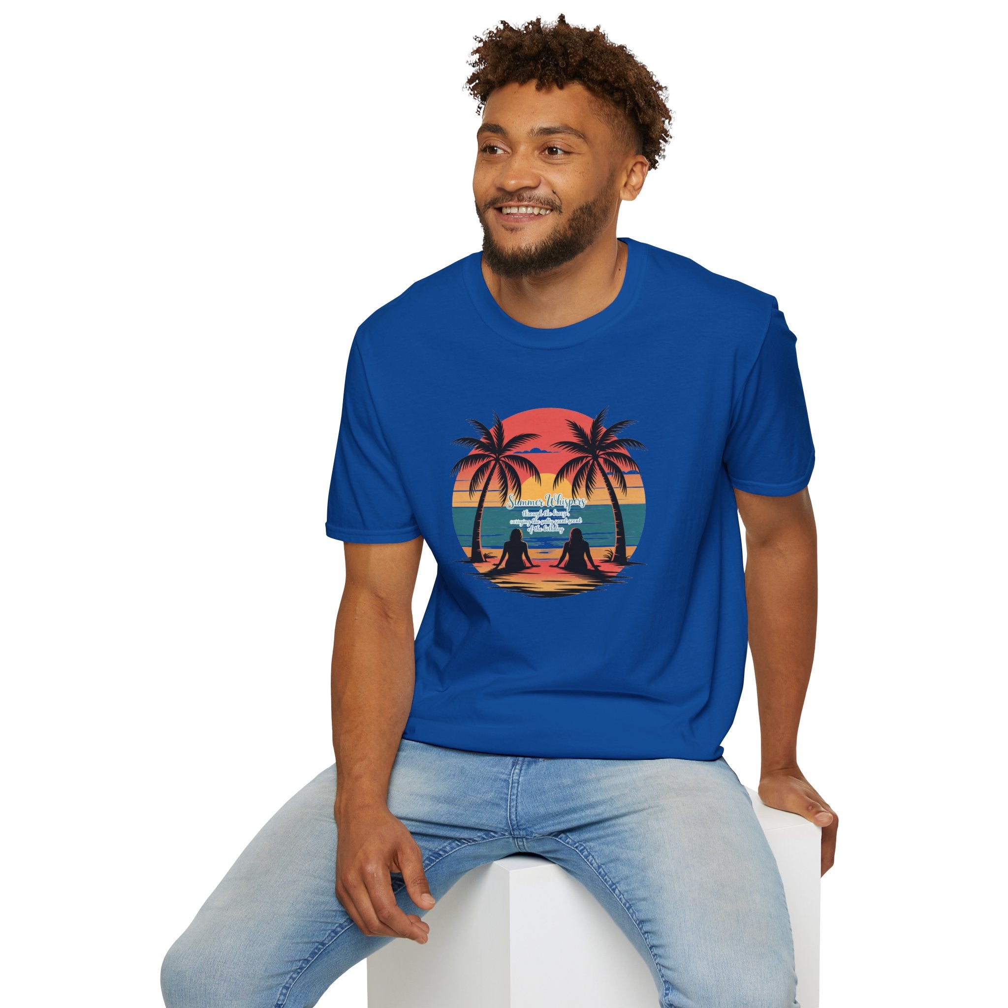 Beach Sunset T-Shirt — Couples Silhouette Palm Tree Graphic Tee (Vintage Rainbow Stripes)