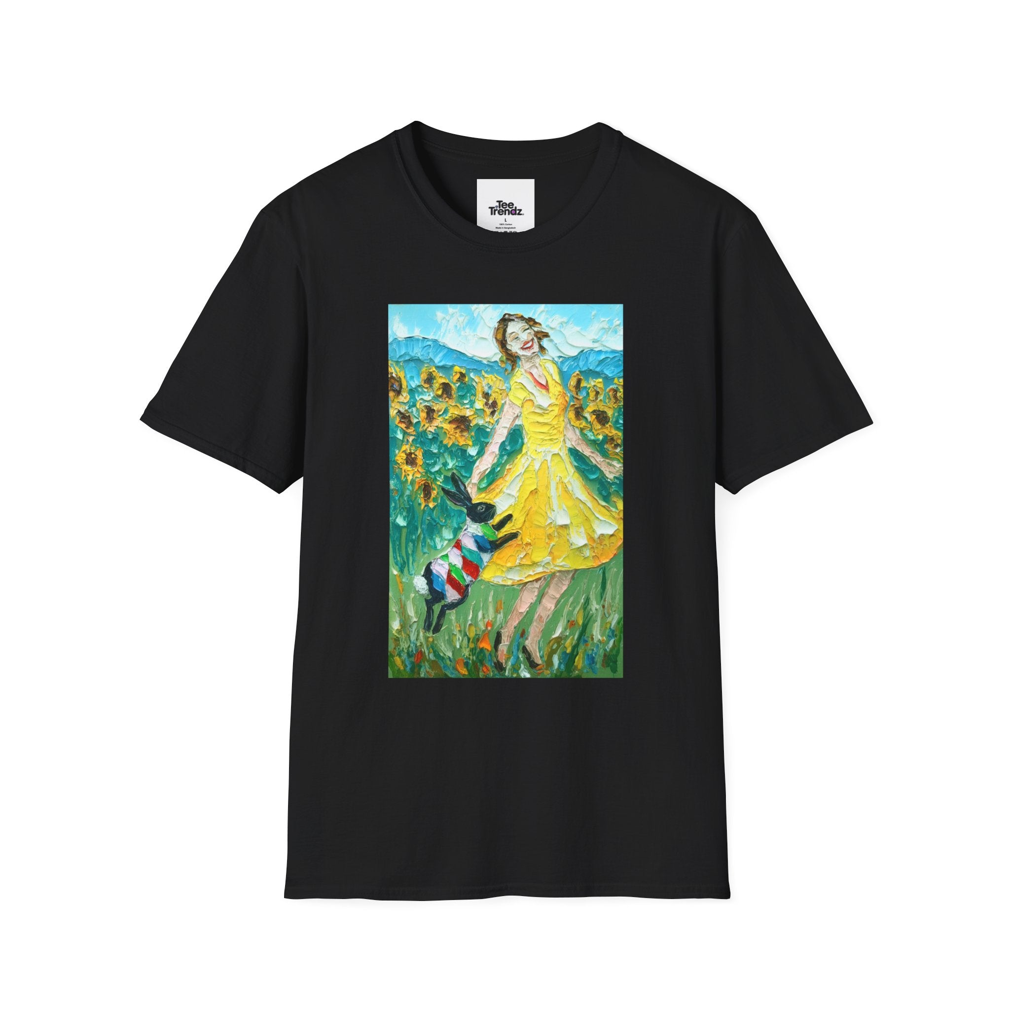 Sunflower Field Dress T-Shirt — Whimsical Girl & Dog Art Tee