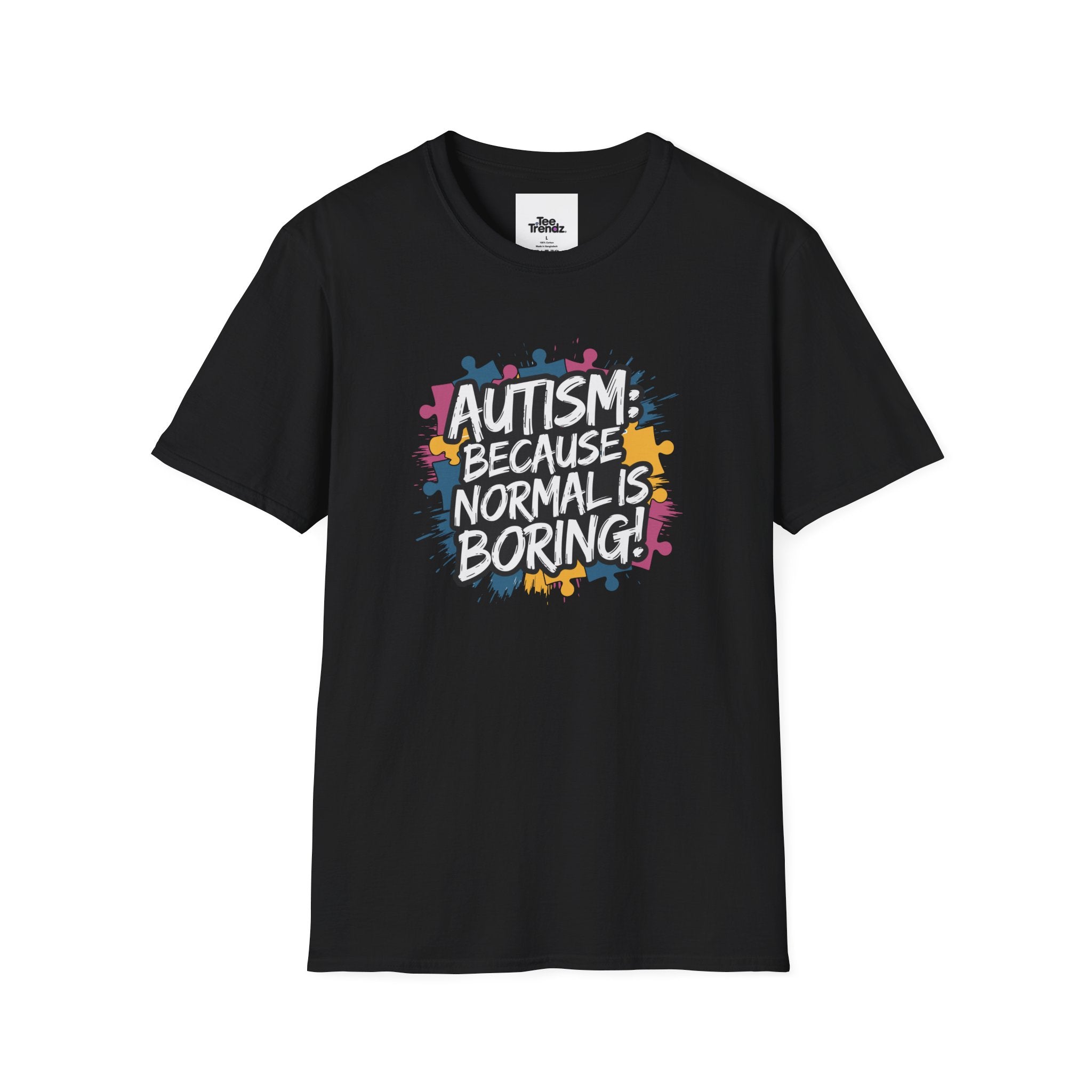 Autism Because Normal Is Boring T-Shirt — Colorful Puzzle Piece Awareness Tee