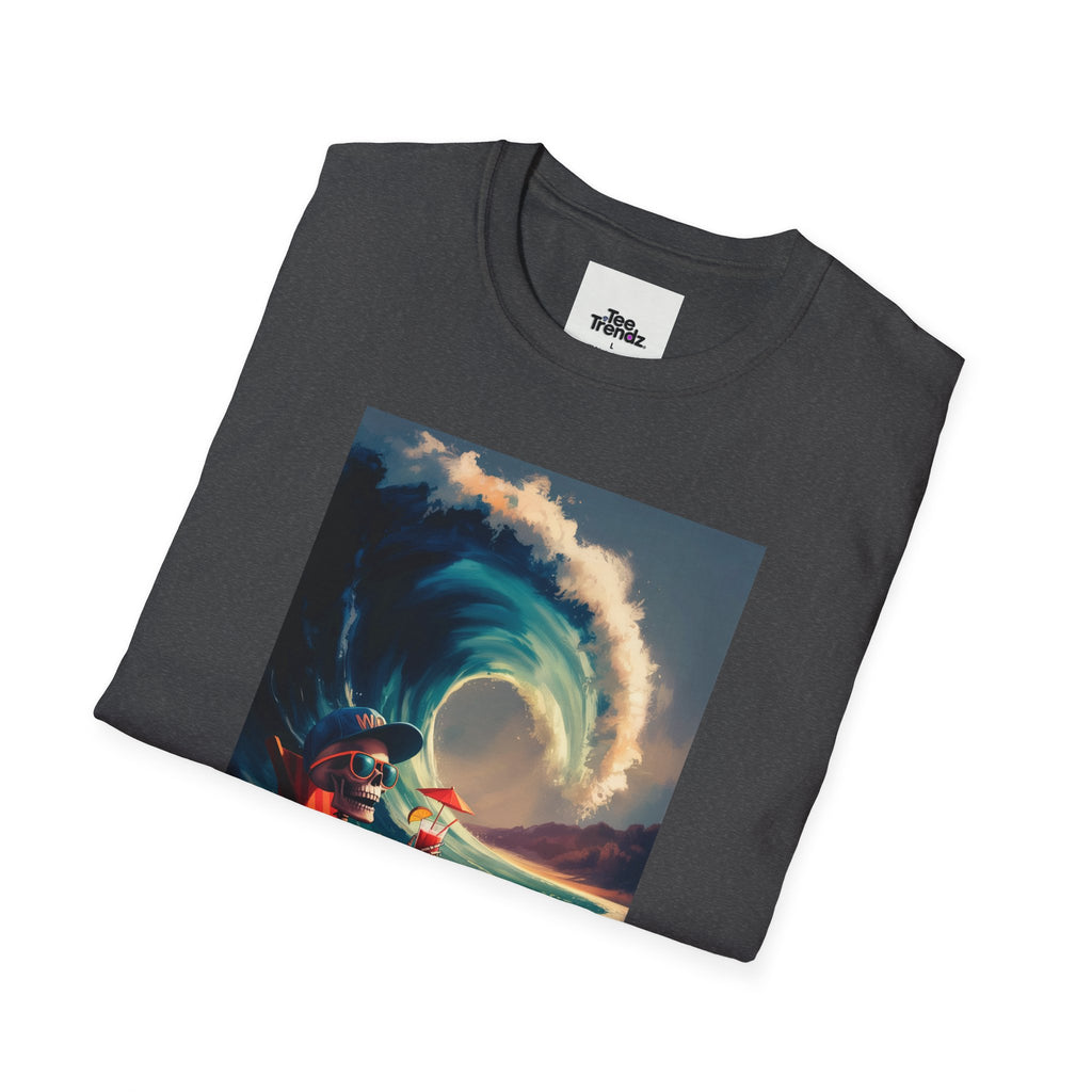 T-Shirt - Retro Beach Surf Scene with Giant Wave and Relaxing Skeleton (Vintage Coastal Vibe)