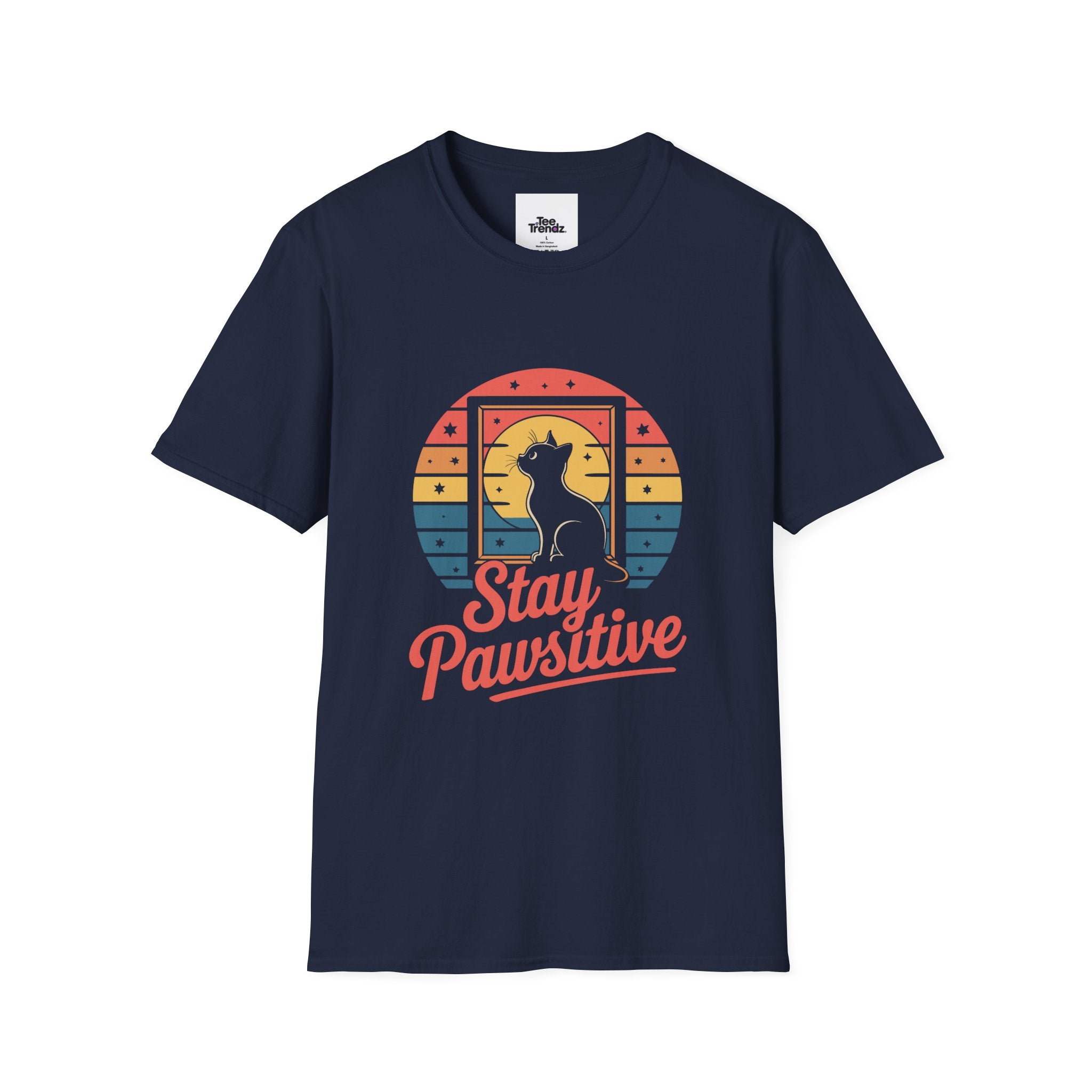 Stay Pawsitive Cat T-Shirt — Retro Rainbow Cat Graphic Tee