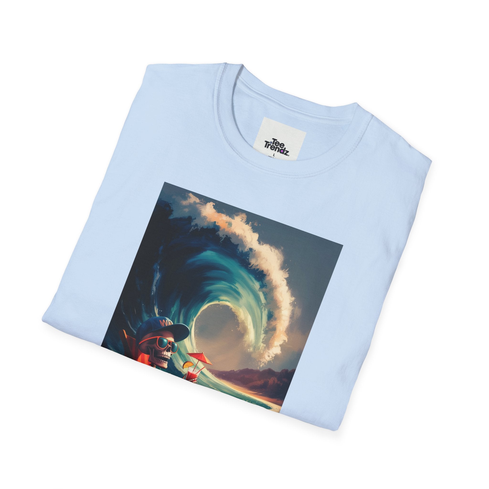 T-Shirt - Retro Beach Surf Scene with Giant Wave and Relaxing Skeleton (Vintage Coastal Vibe)